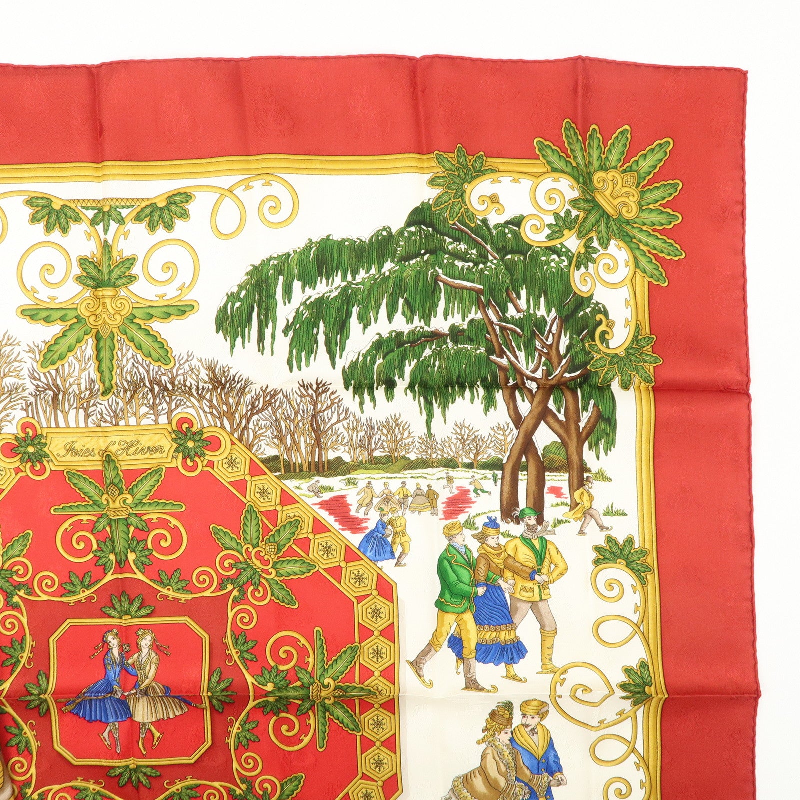 HERMES Carre 90 100% Silk Scarf Joies d’Hiver Red White Gold