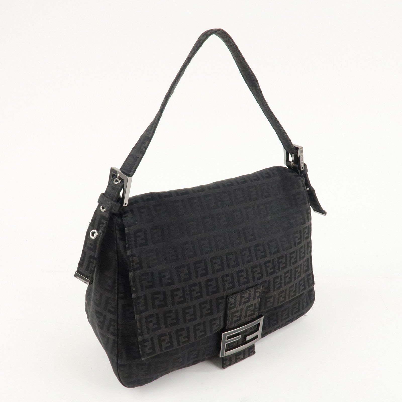 FENDI Mamma Baguette Zucchino Canvas  Shoulder Bag Black 8BR001