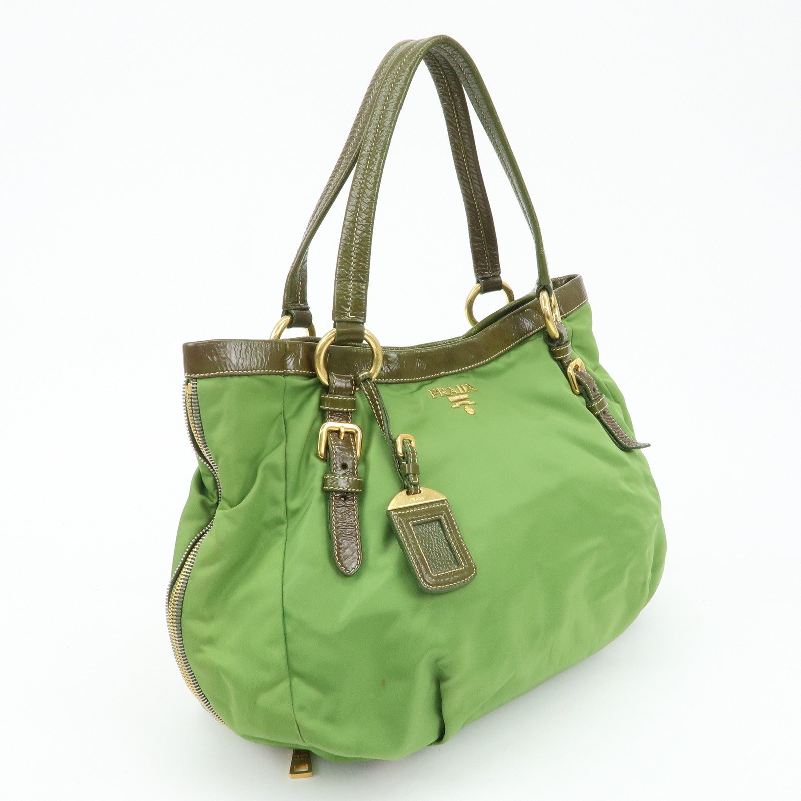 PRADA Nylon Patent Leather Tote Bag Shoulder Bag Green Khaki