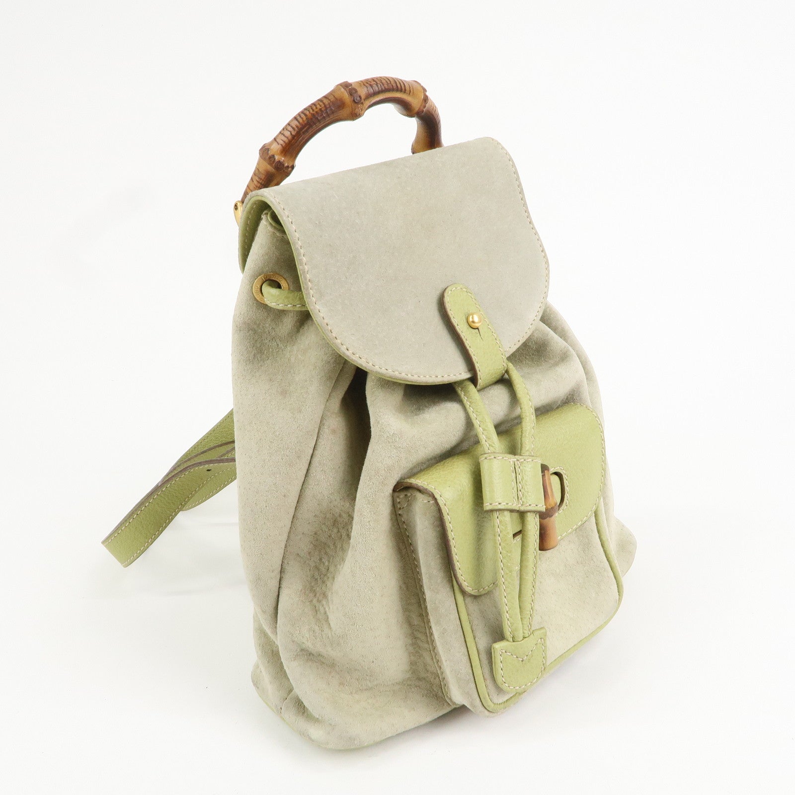 GUCCI Bamboo Suede Leather Backpack Light Green 003.1956.0030