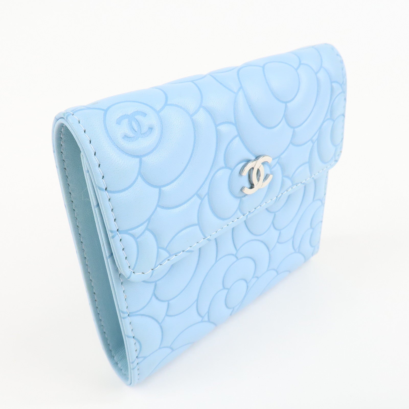 CHANEL Camelia Lamb Skin Bi-fold Wallet Blue Used