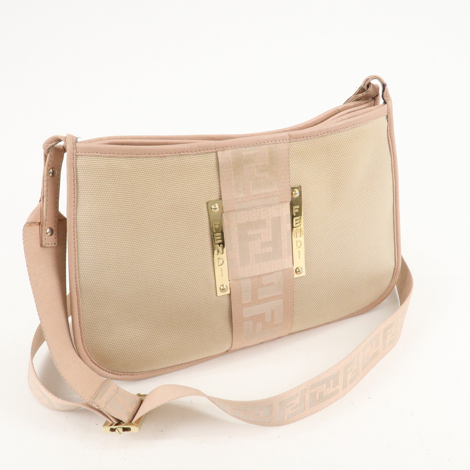 FENDI Logo Canvas Leather Shoulder Bag Beige Pink 8BT084