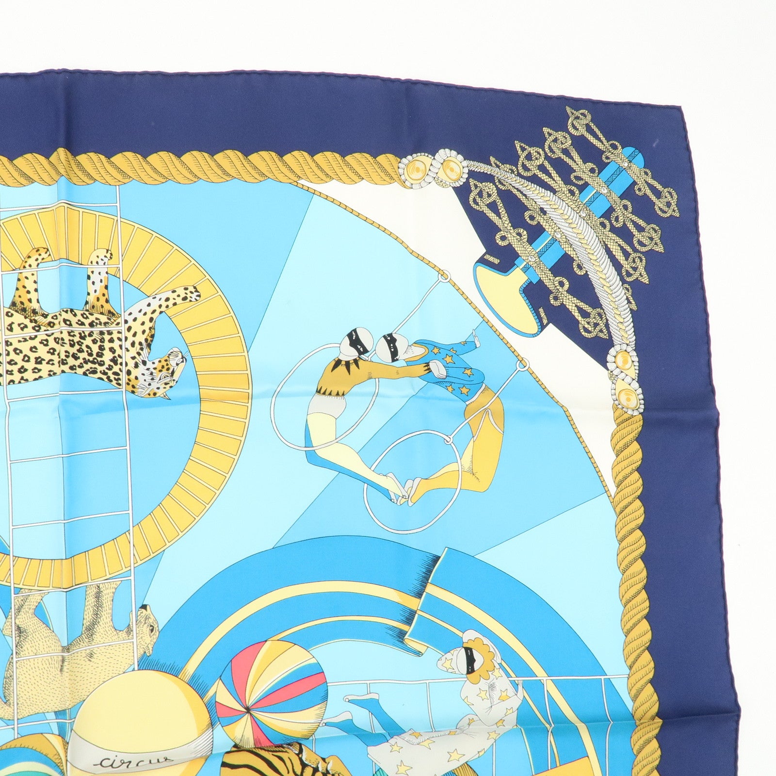 HERMES Carre 90 Silk 100%  Scarf Circus Blue Navy Gold Used