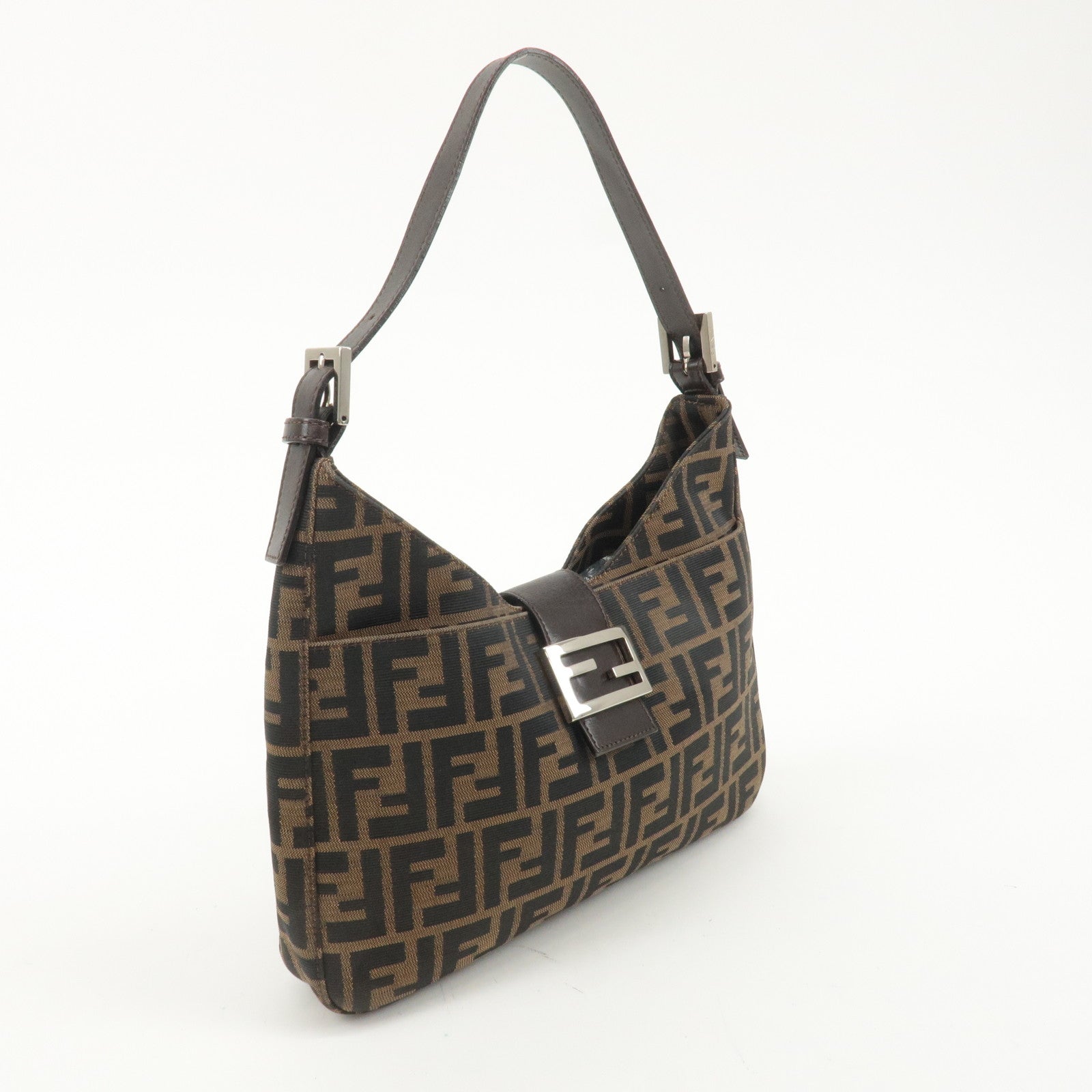 FENDI Zucca Canvas Leather Shoulder Bag Brown Black 26569