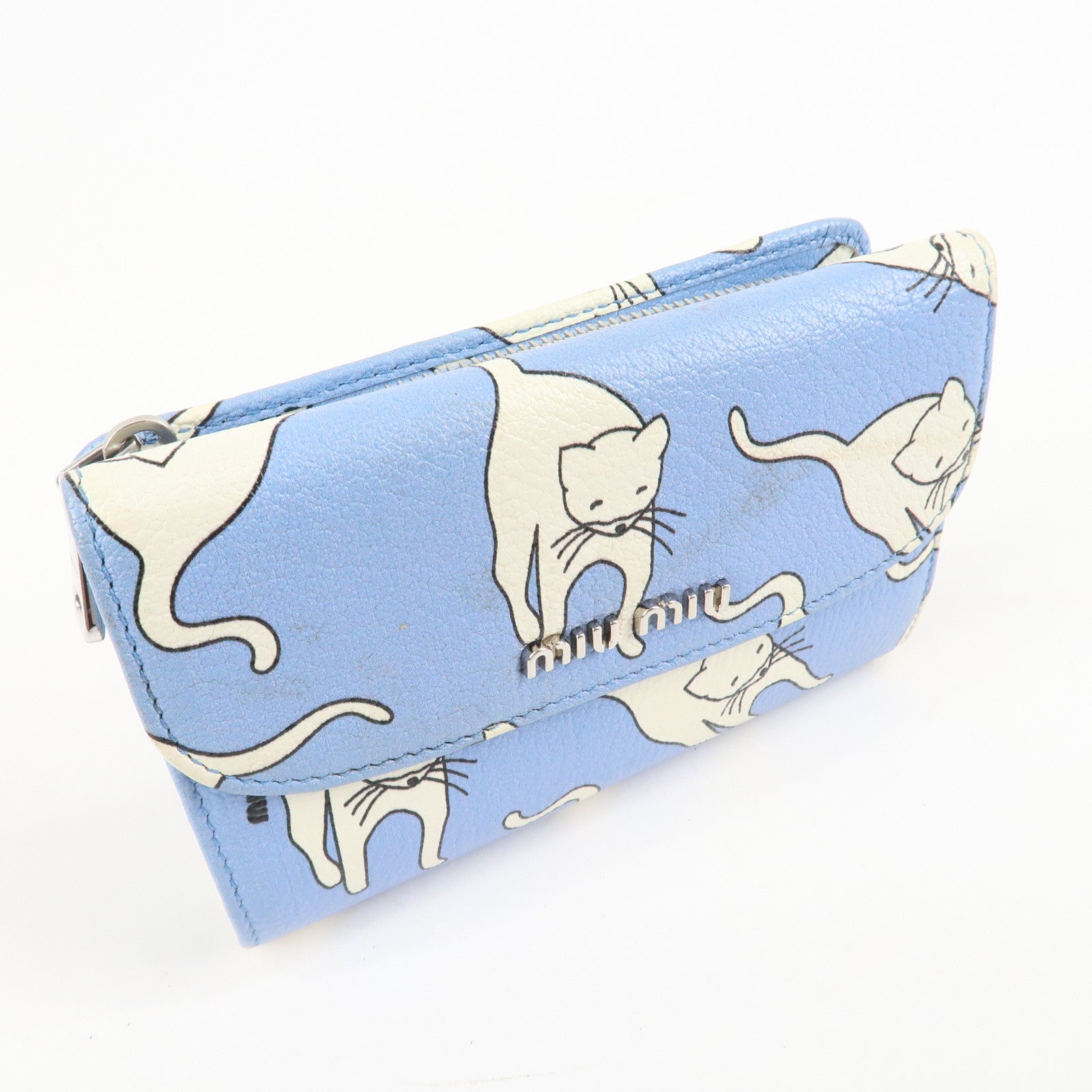 MIU MIU Logo Leather Bi Fold Wallet Cat Pattarn Blue White Used