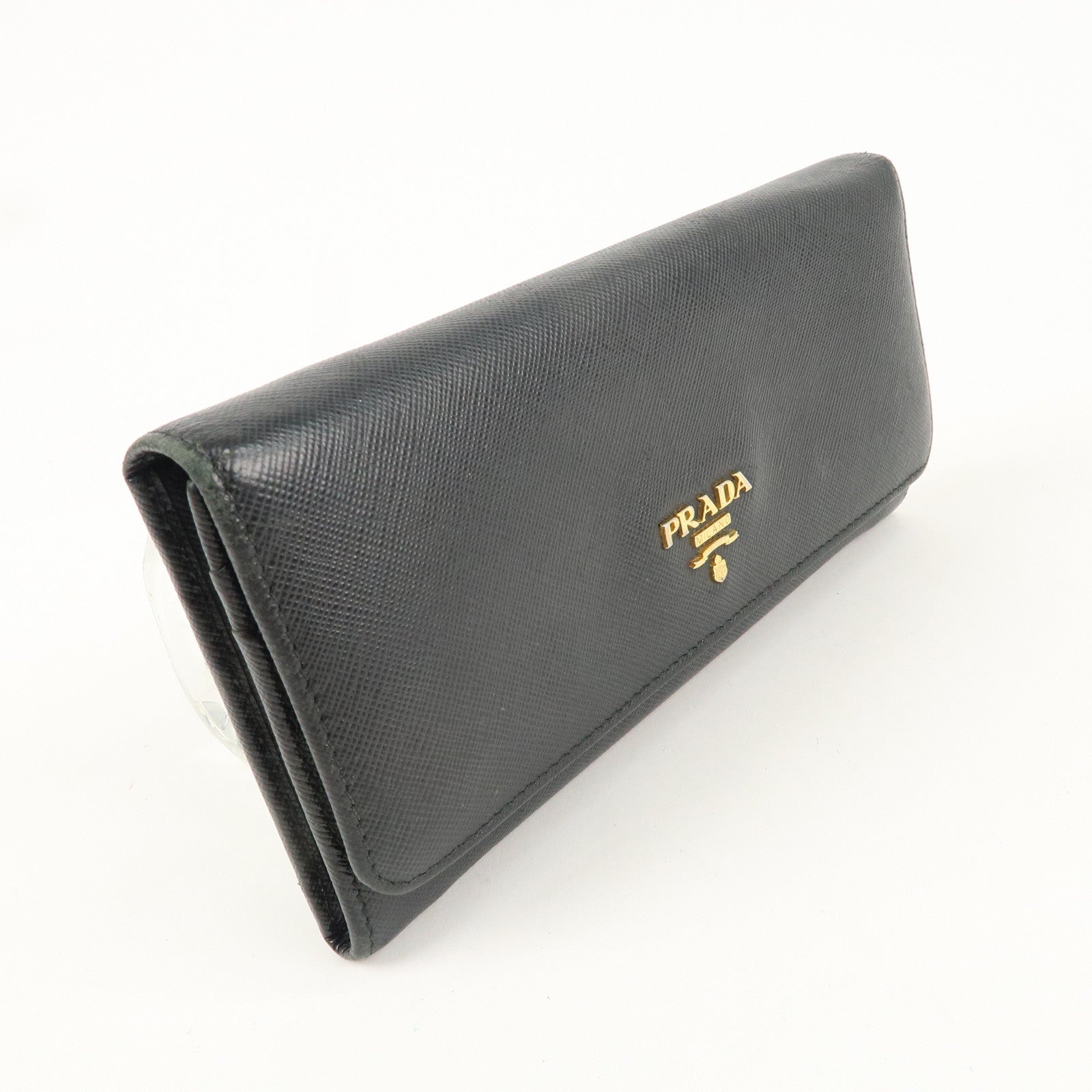 PRADA Logo Saffiano Leather Bi-fold Long Wallet Black Noir