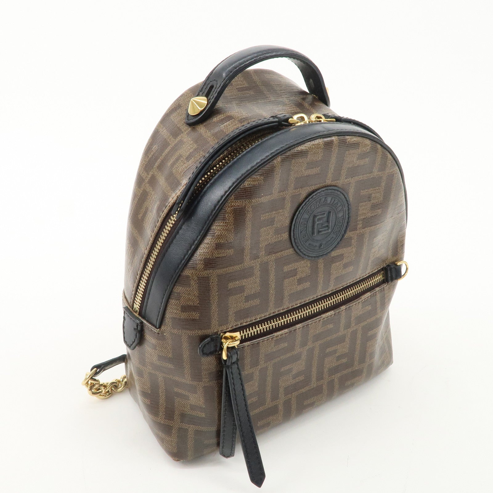 FENDI Zucca Print PVC Leather Chain Backpack Brown 8BZ038 Used