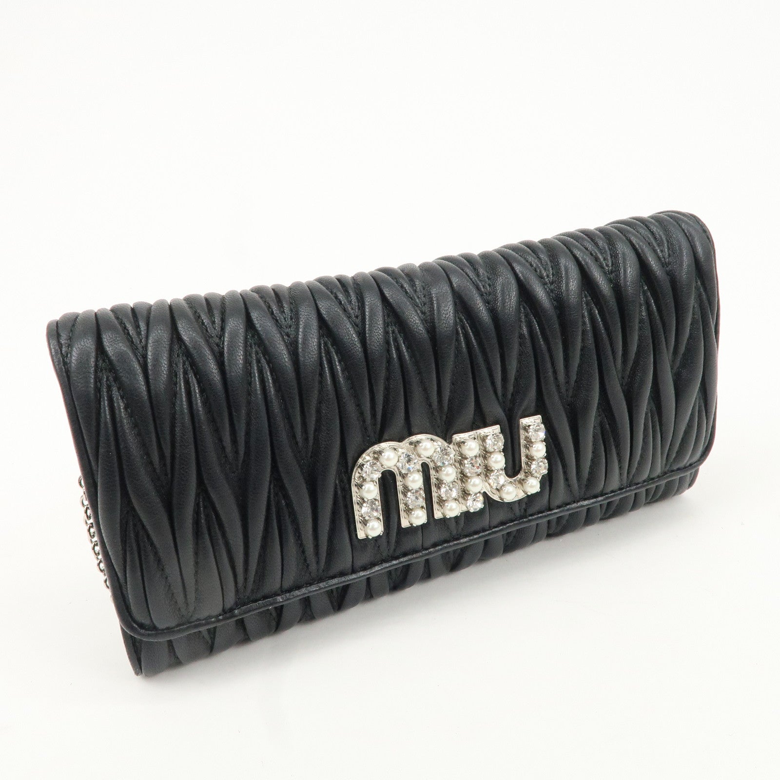 MIU MIU Matelasse Nappa Crystal Leather Hook Long Wallet 5MH109 Used