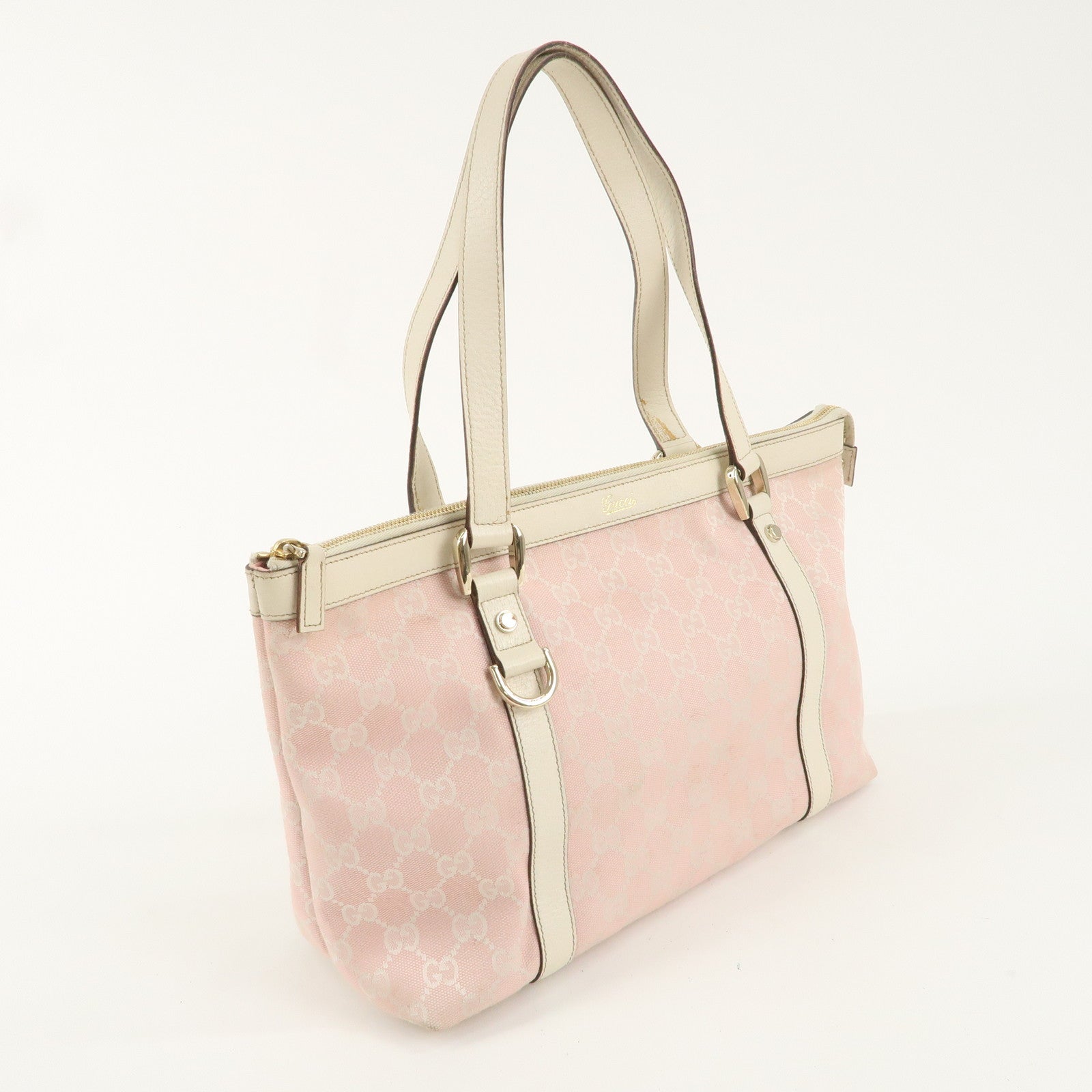 GUCCI Abbey GG Canvas Leather Tote Bag Pink Ivory 141470