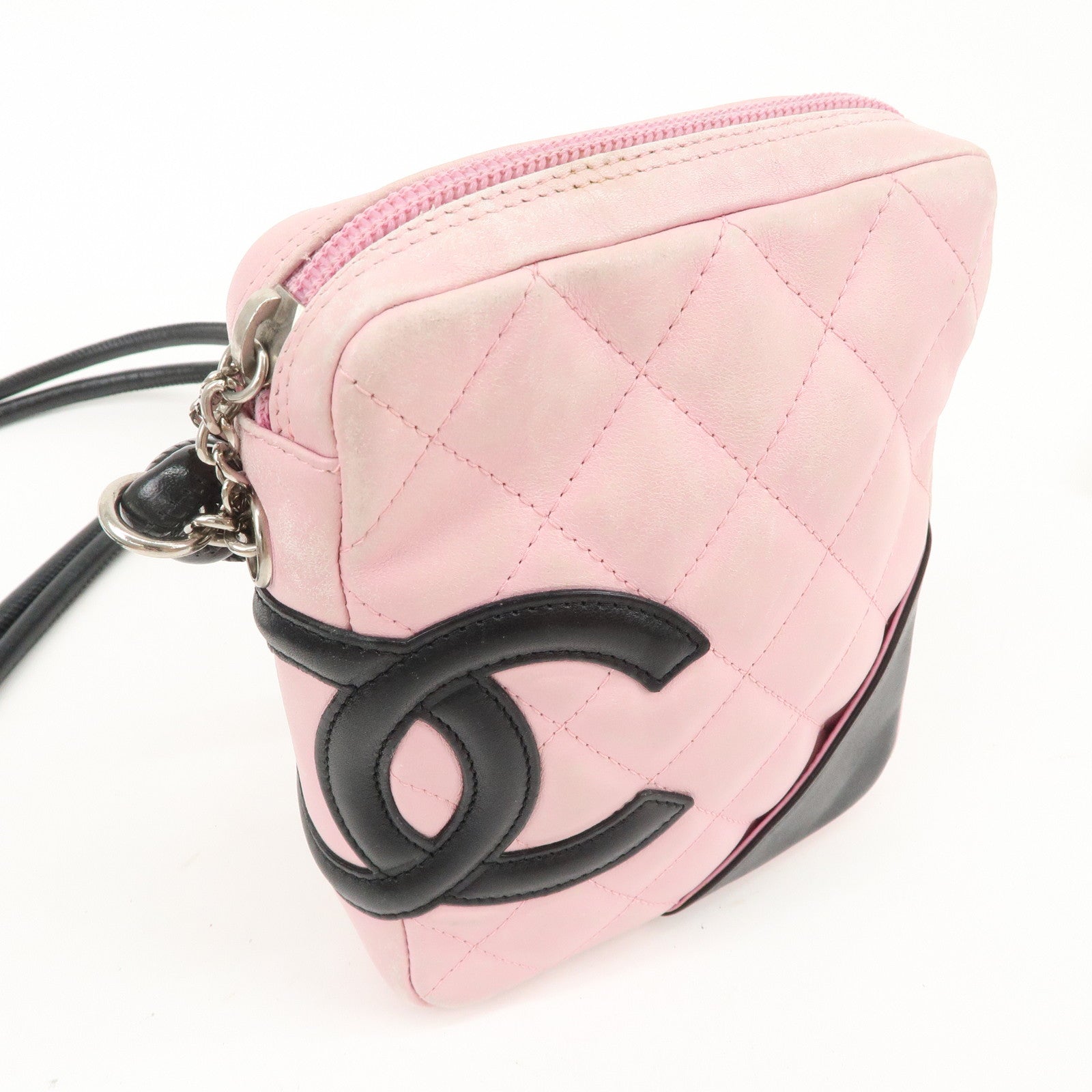 CHANEL Cambon Lamb Skin Small Pochette Pink Black A25177 Used