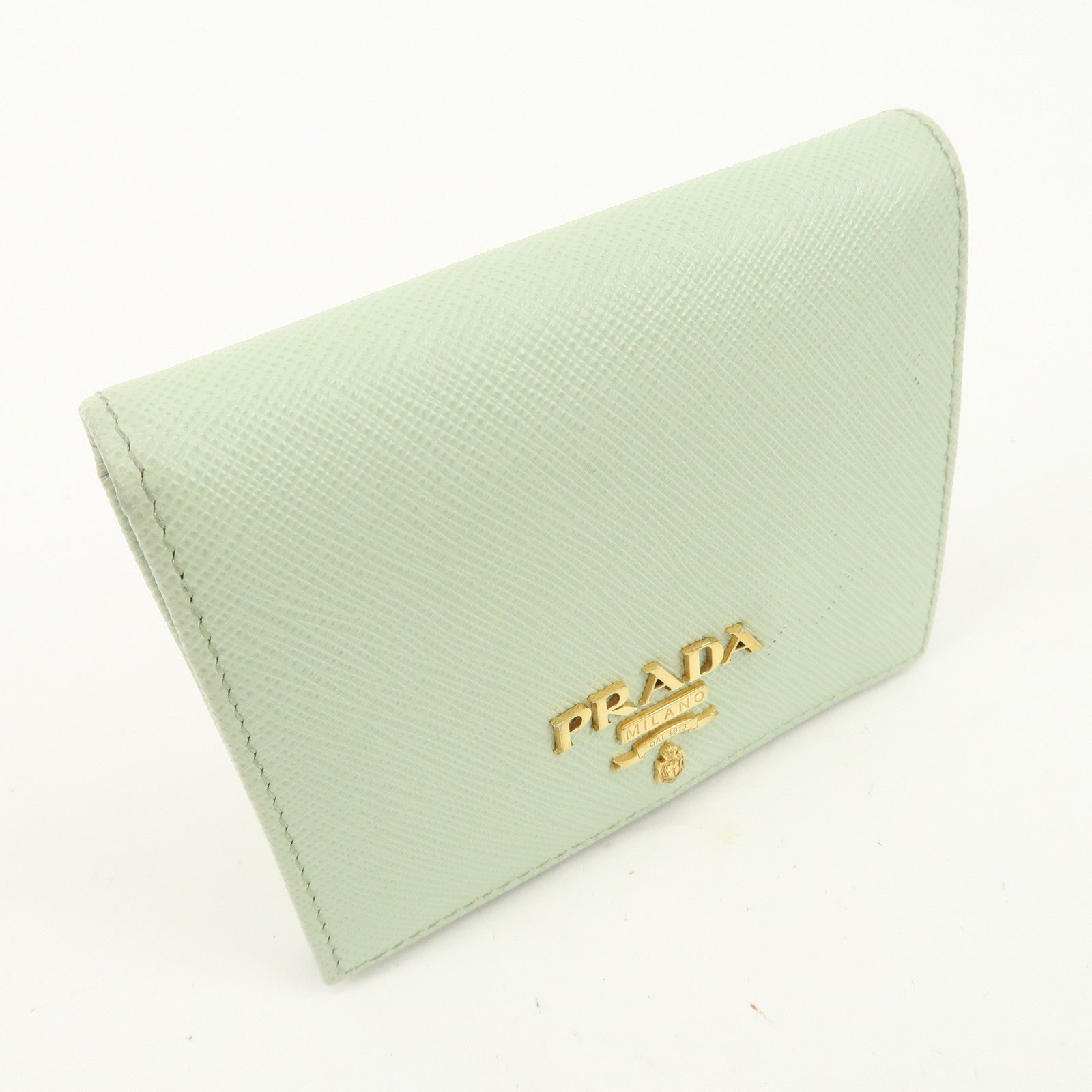 PRADA Logo Saffiano Leather Bi-Fold Small Wallet Light Green