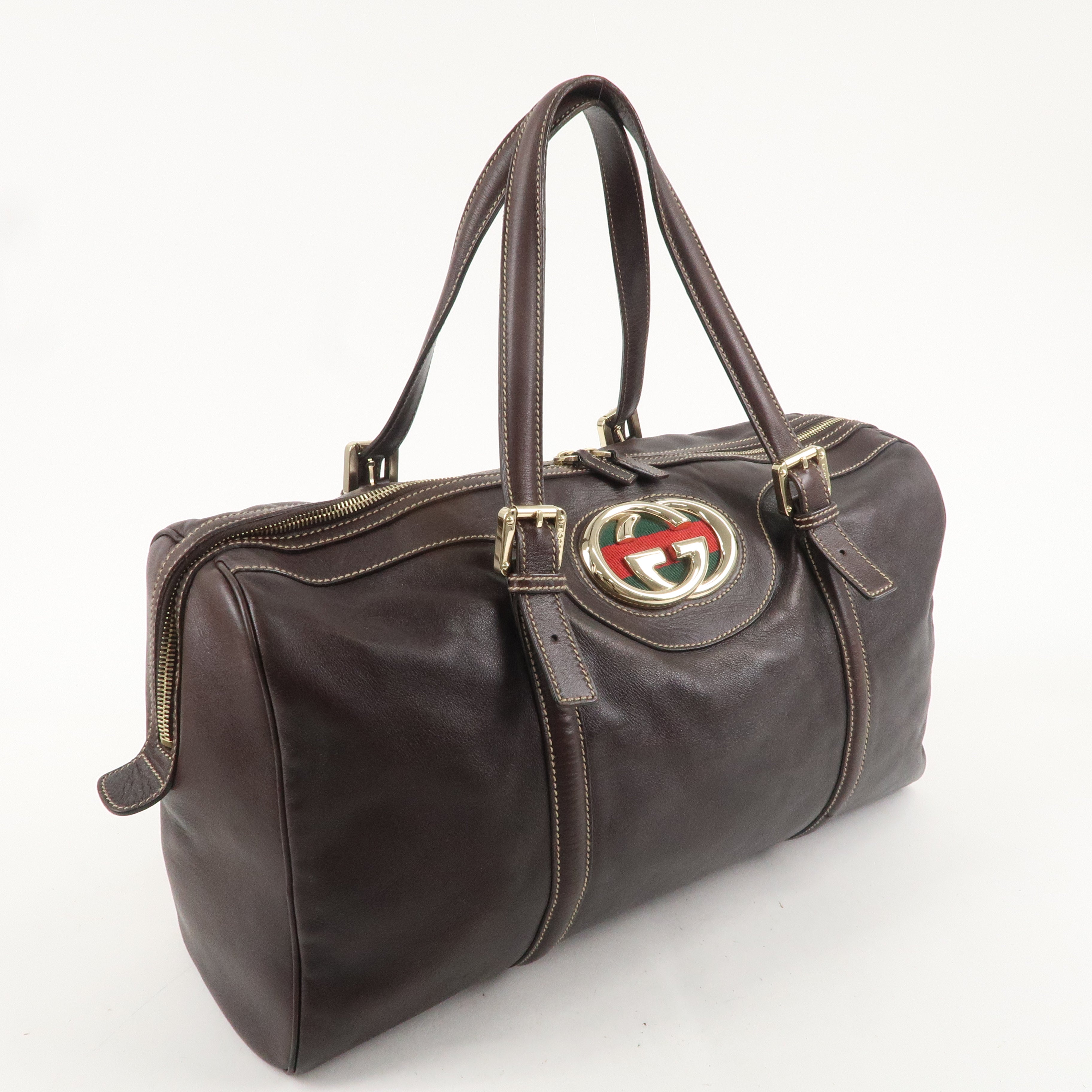 GUCCI Sherry Interlocking G Leather Boston Bag Brown 175401