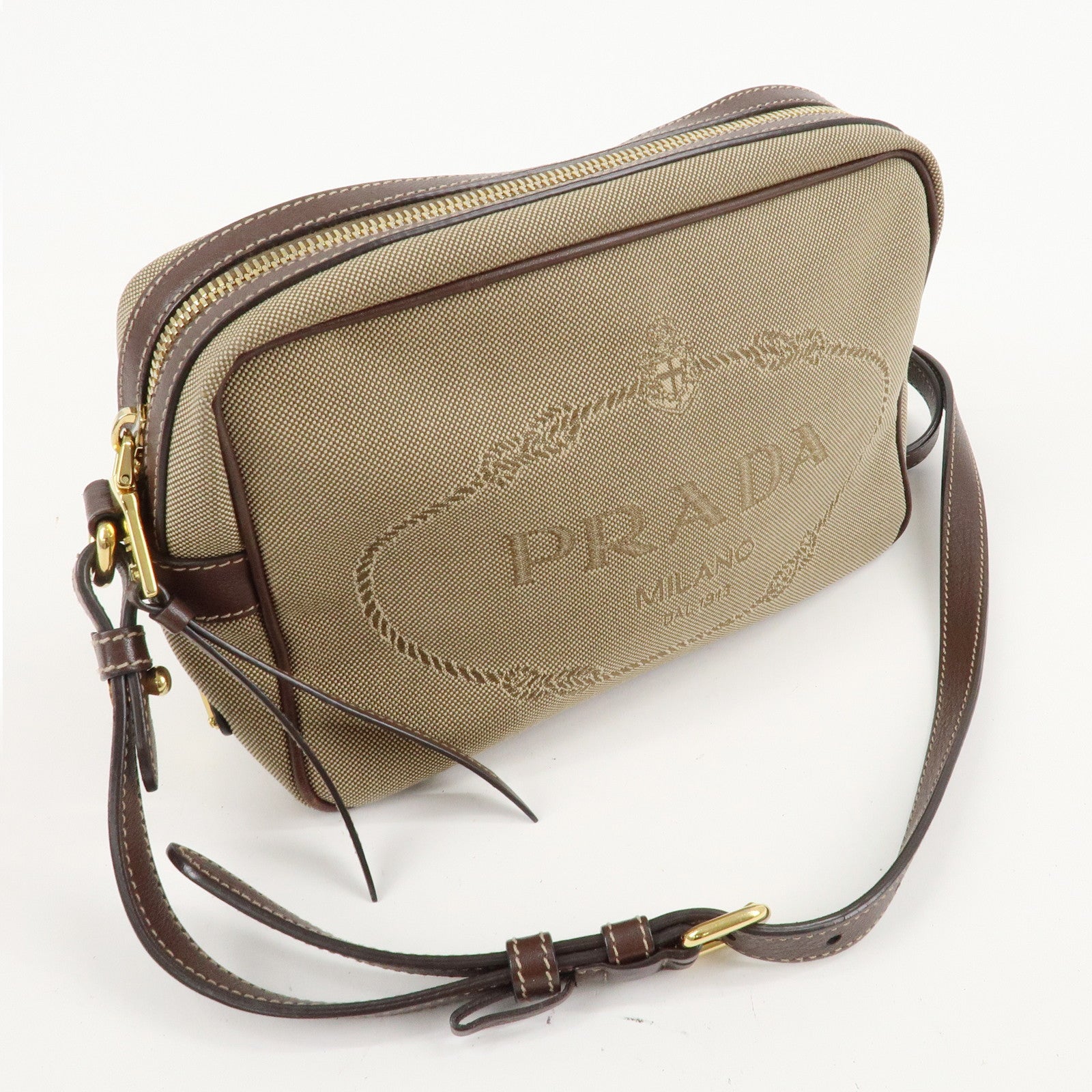 PRADA Logo Jacquard Leather Shoulder Bag Beige Brown 1BH089