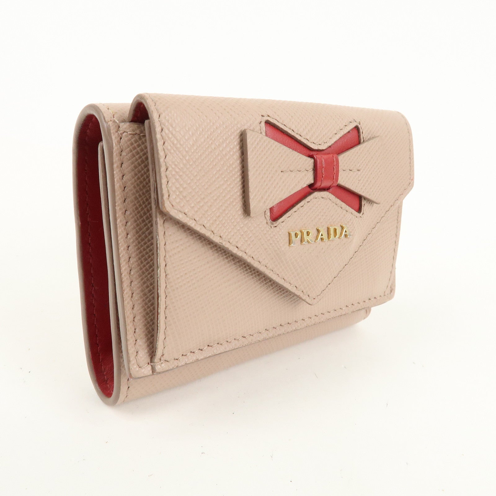 PRADA Saffiano Leather Trifold Wallet Pink Beige Red Ribbon 1MH021