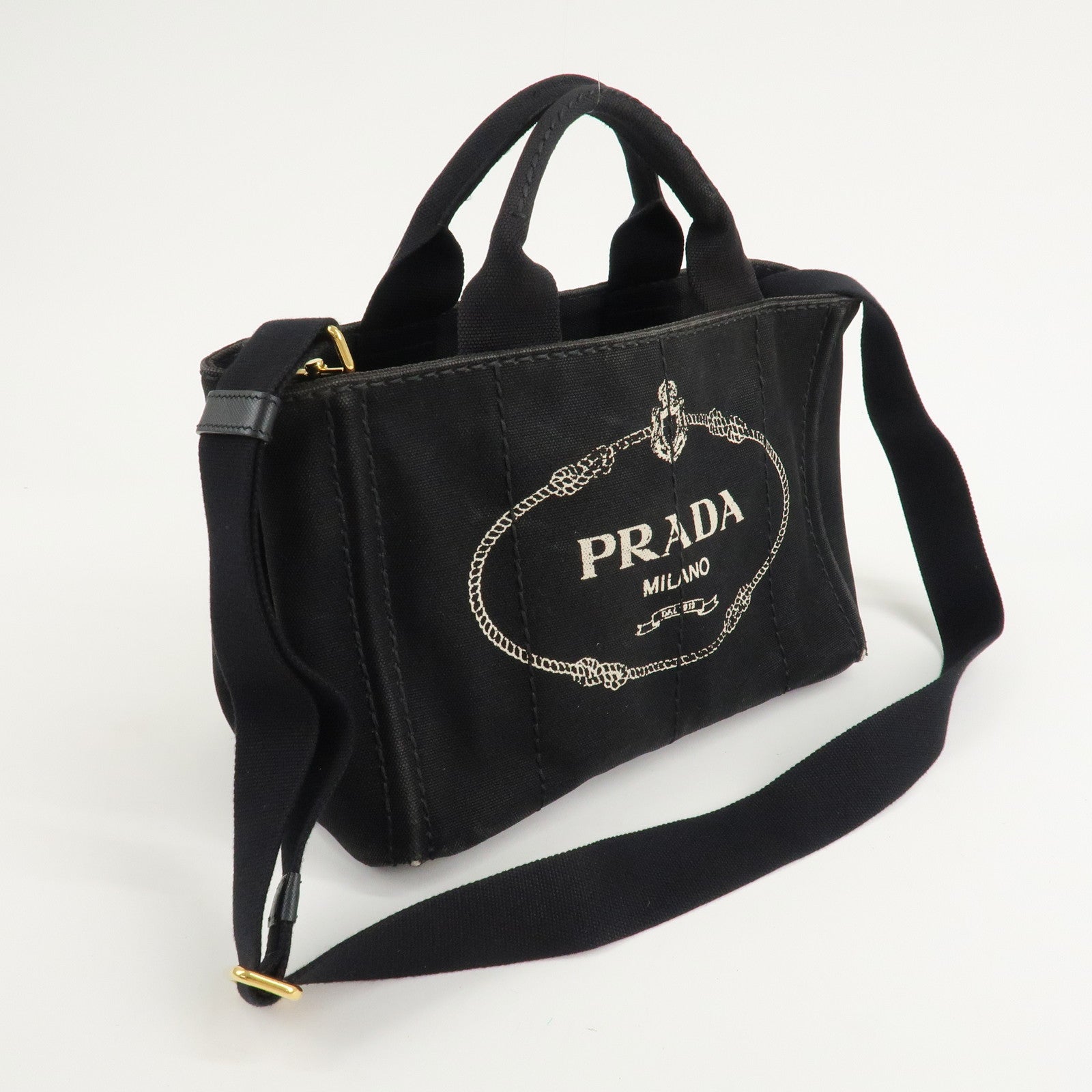 PRADA Logo Canapa Mini Canvas 2Way Shoulder Bag Black 1BG439