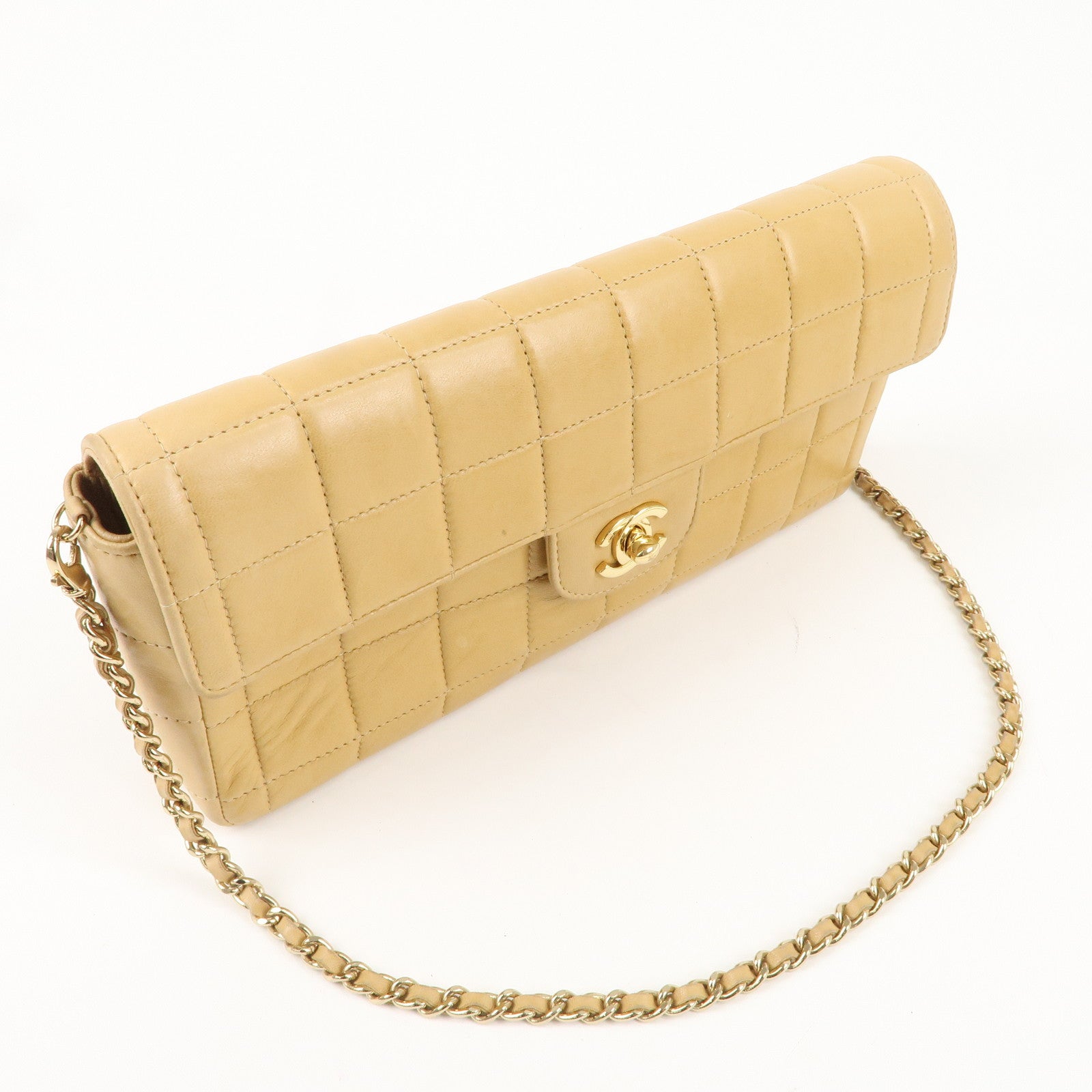 CHANEL Chocolate Bar Lamb Skin Chain Shoulder Bag Beige Gold