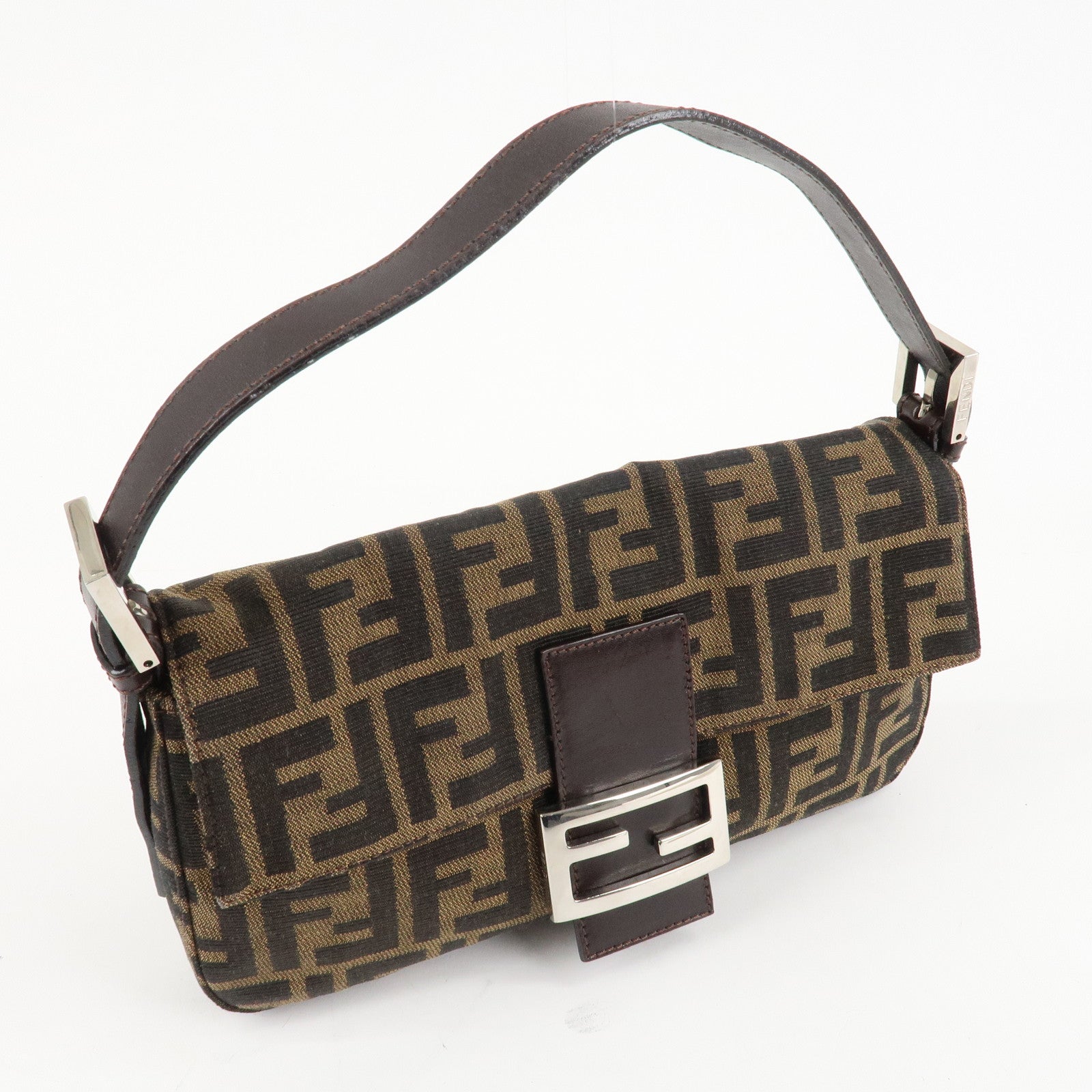 FENDI Mamma Baguette Zucca Canvas Shoulder Bag Brown Black 26424