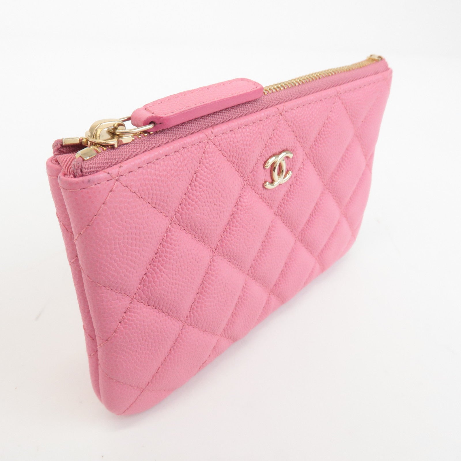 CHANEL Matelasse Caviar Skin Mini Pouch Pink Gold Hardware A82365 Used