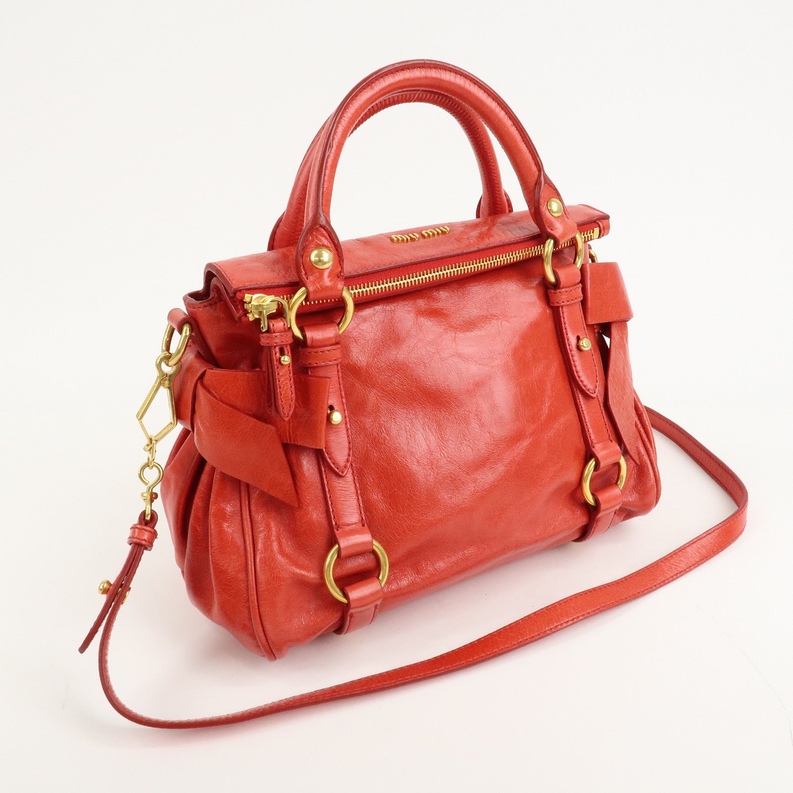 MIU MIU Leather Ribbon 2 Way Hand Bag Shoulder Bag Red Used