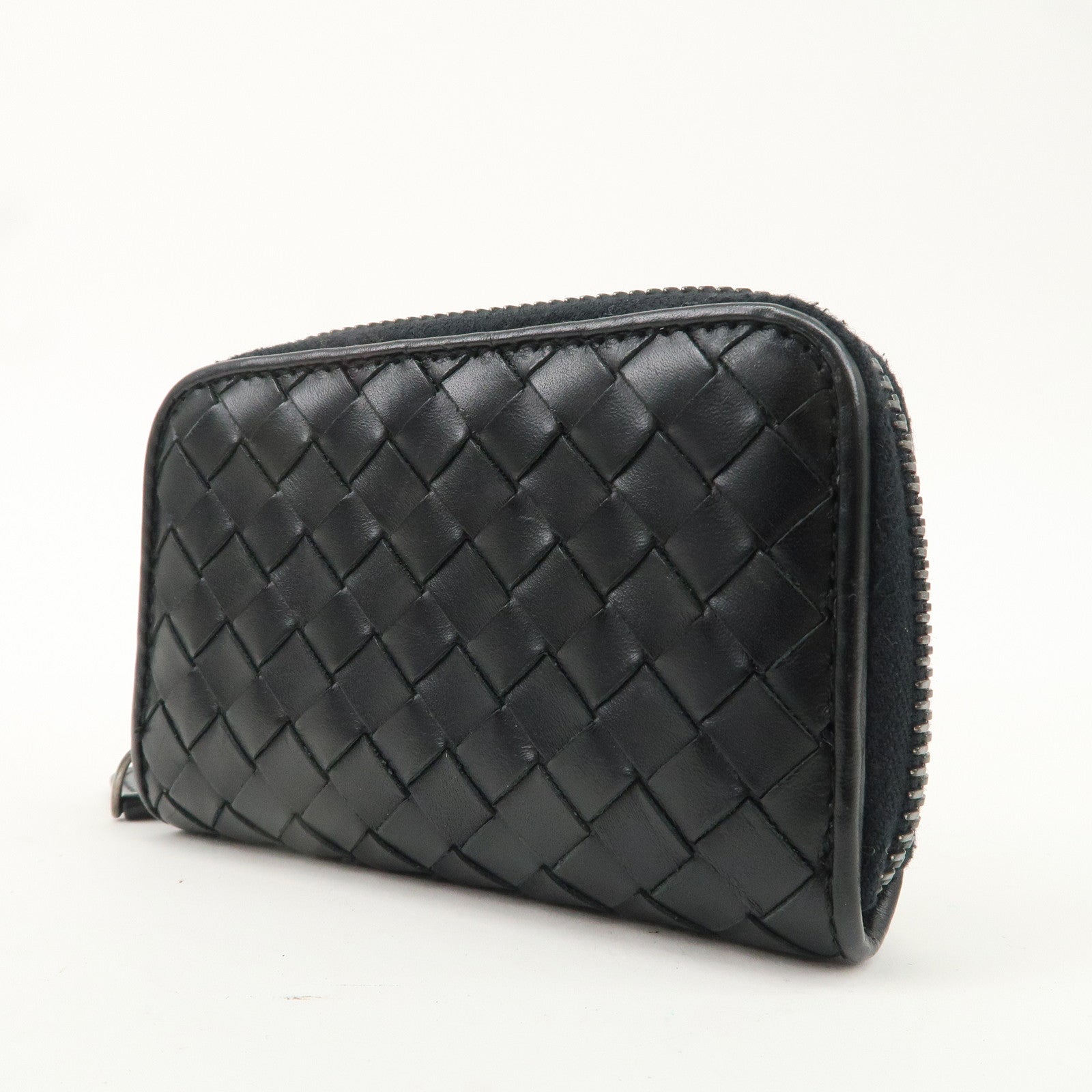 BOTTEGA VENETA Intrecciato Leather Zip Round Coin Case Black