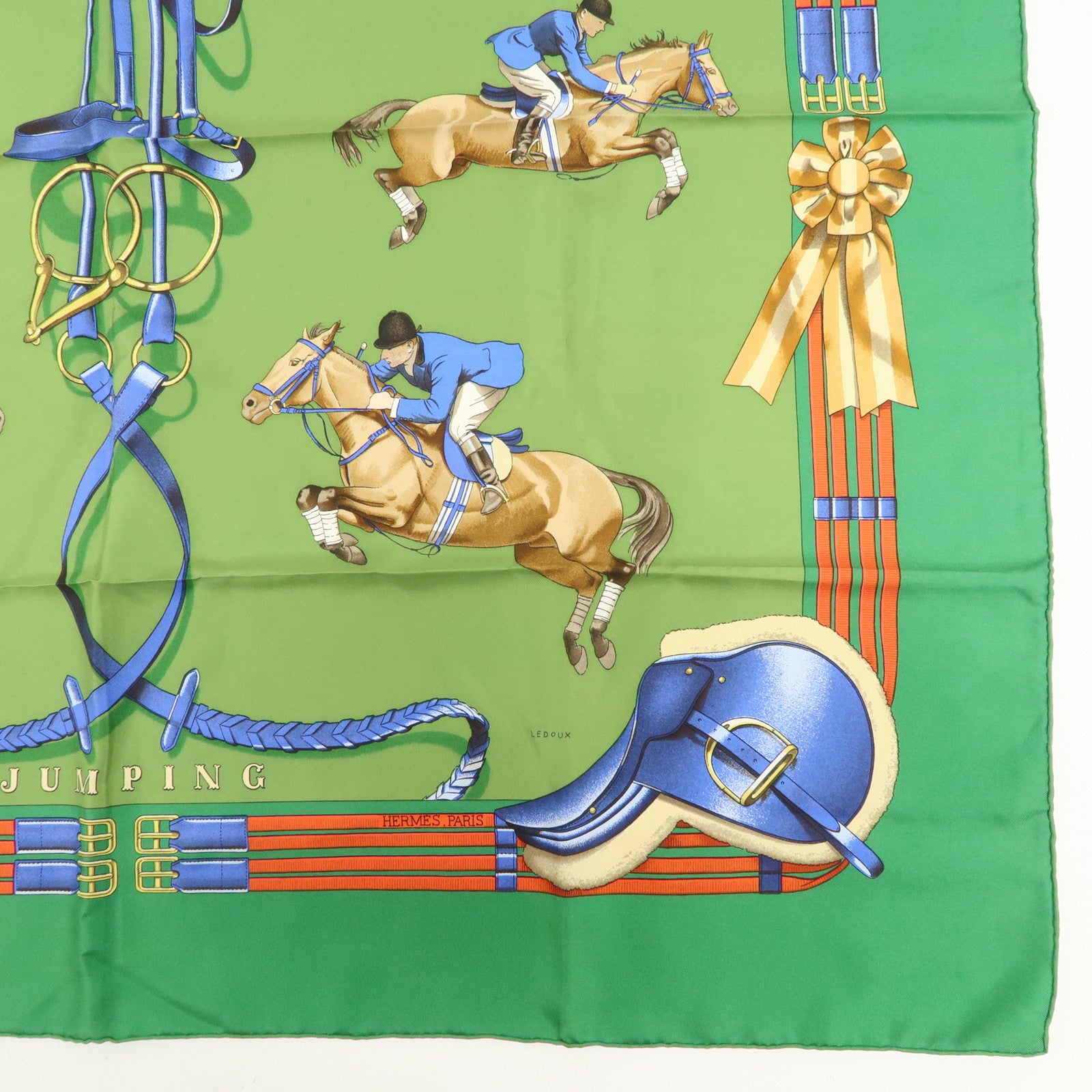 HERMES Carre 90 100% Silk Scarf JUMPING Riding Horse Green