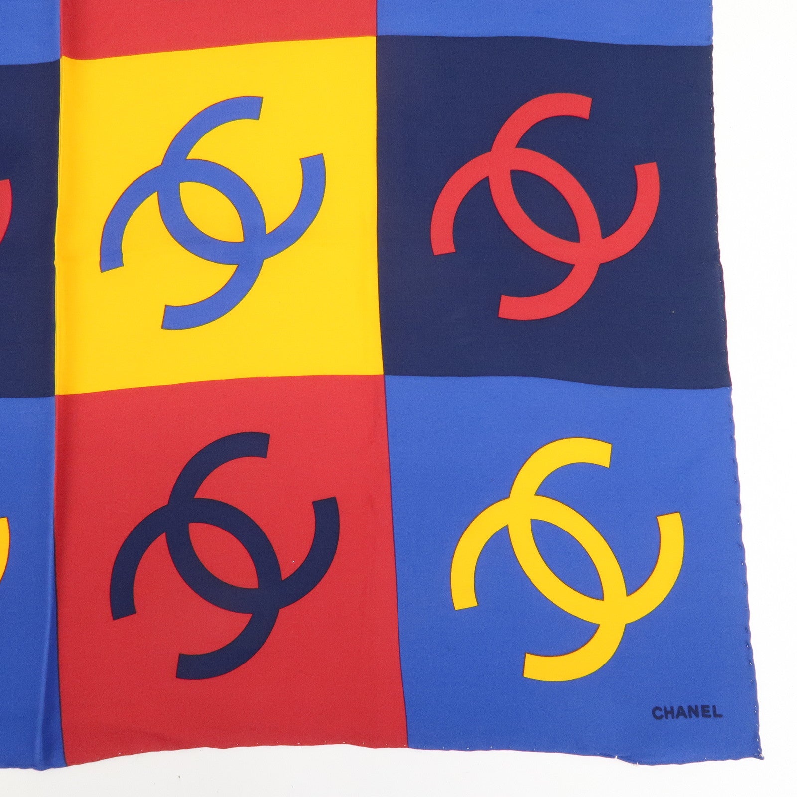 CHANEL 100% Silk Scarf 90×90 Blue Yellow Red