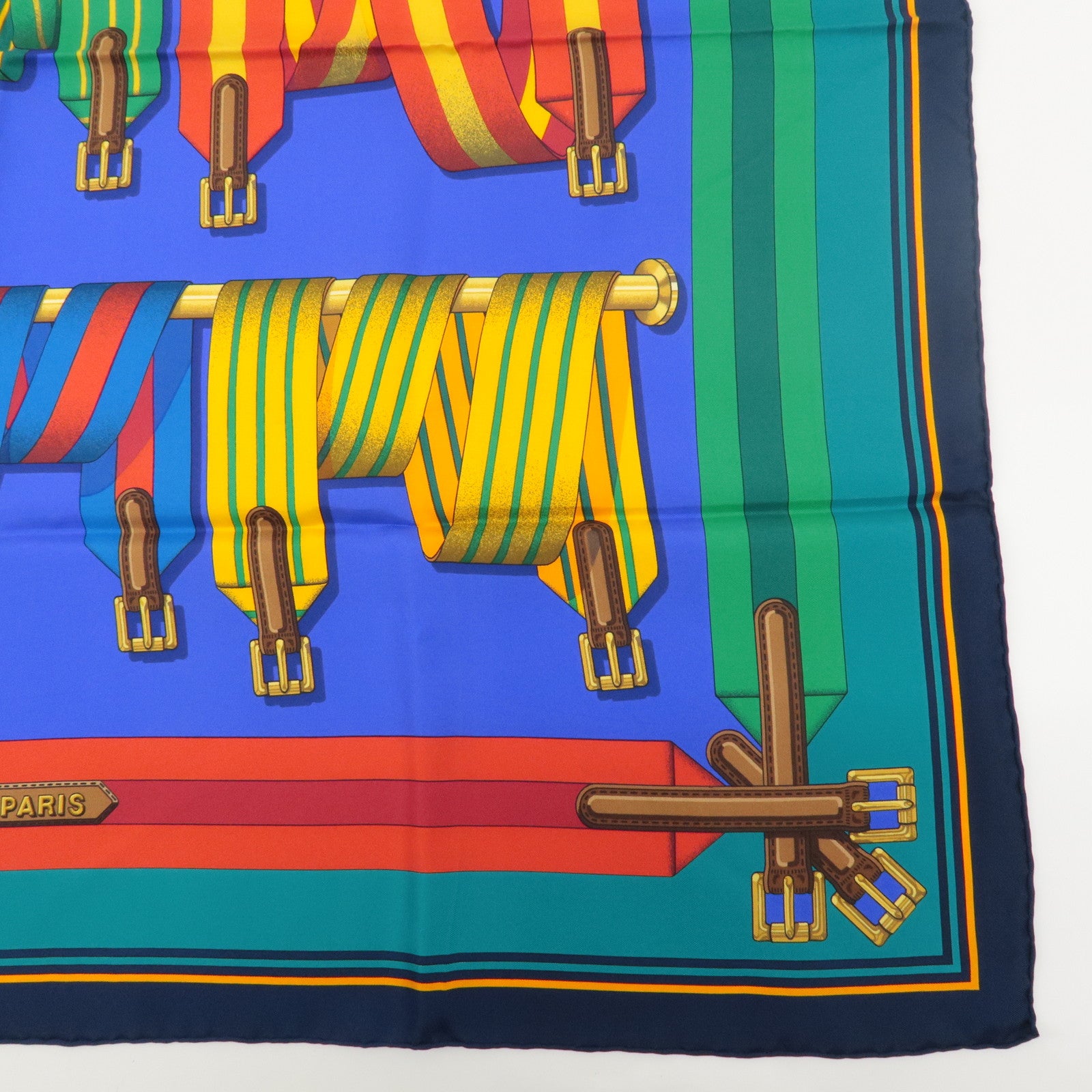 HERMES Carre 90 100% Silk Scarf Les Sangles Blue Green Yellow Red