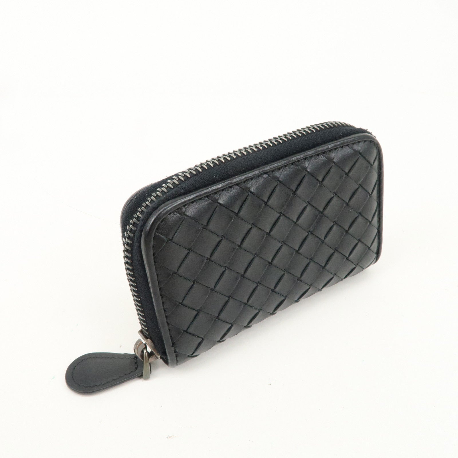 BOTTEGA VENETA Intrecciato Leather Zip Round Coin Case Black