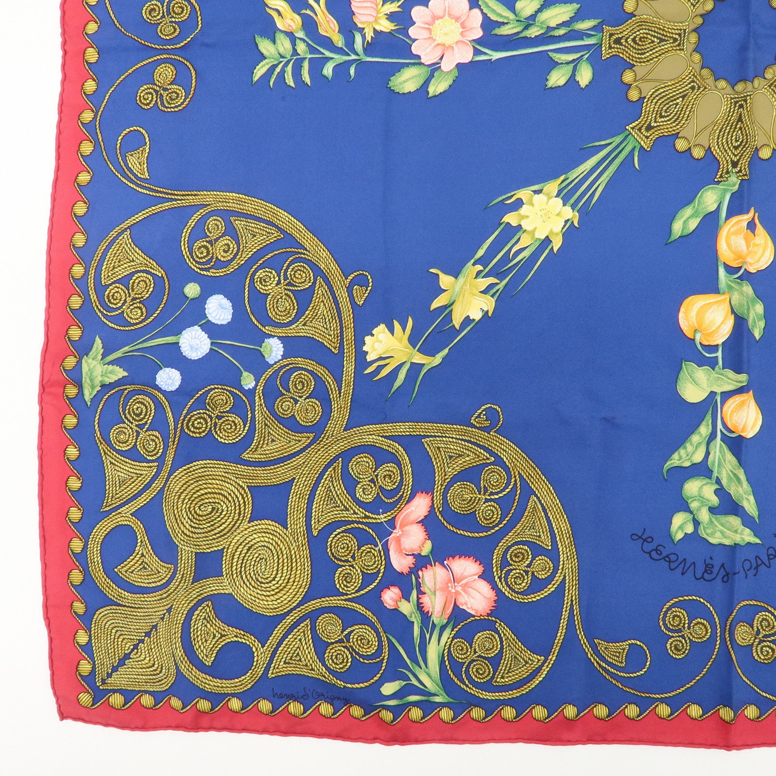 HERMES Carre 90 Scarf Silk 100% ARABESQUE BLue Red Used