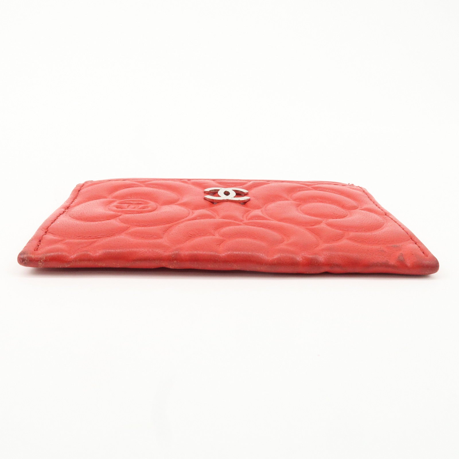 CHANEL Camellia Lambskin Embossed Card Case Red A3173855 Used