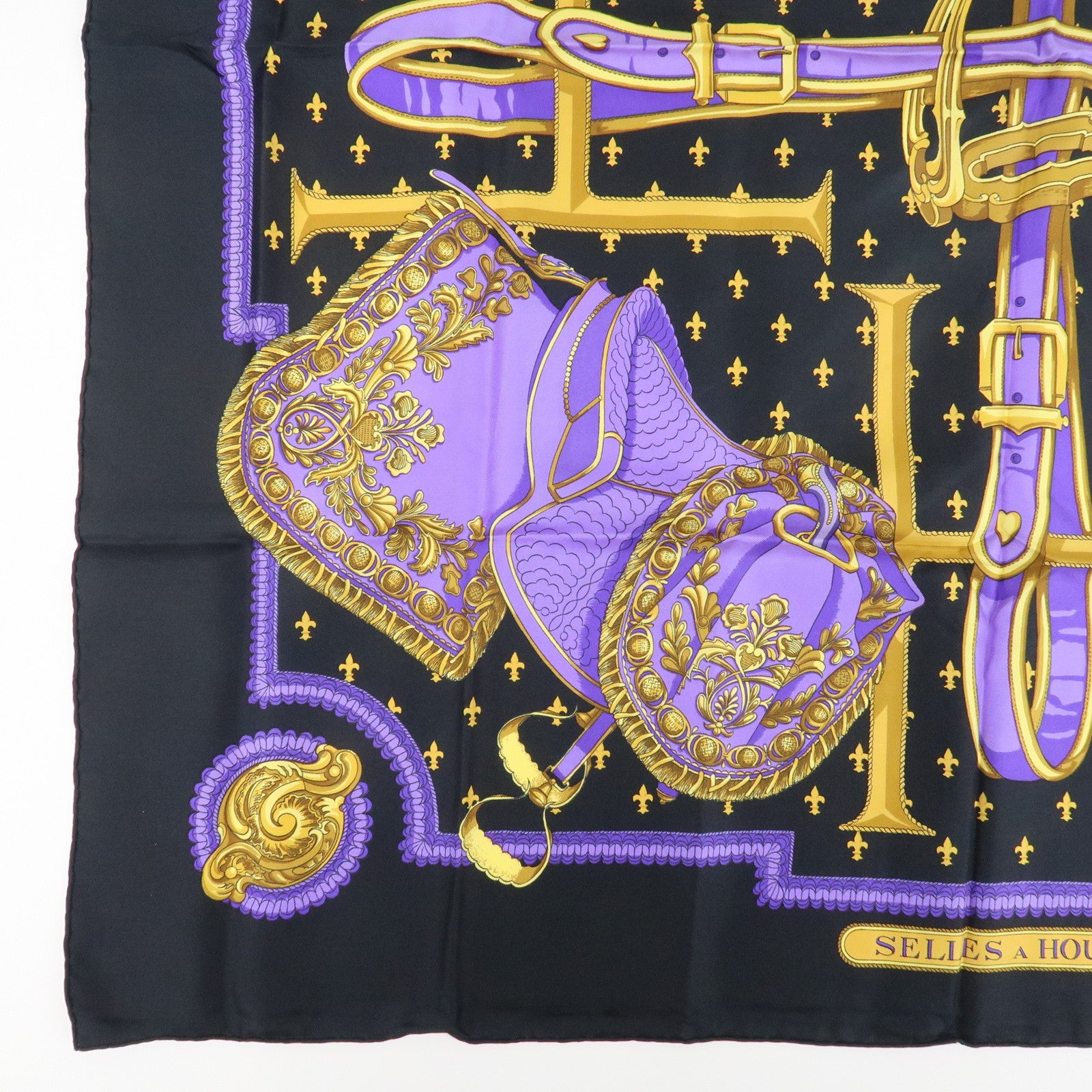 HERMES Carre 90 Silk 100% Scarf SELLES A HOUSSE Black Purple Gold Used