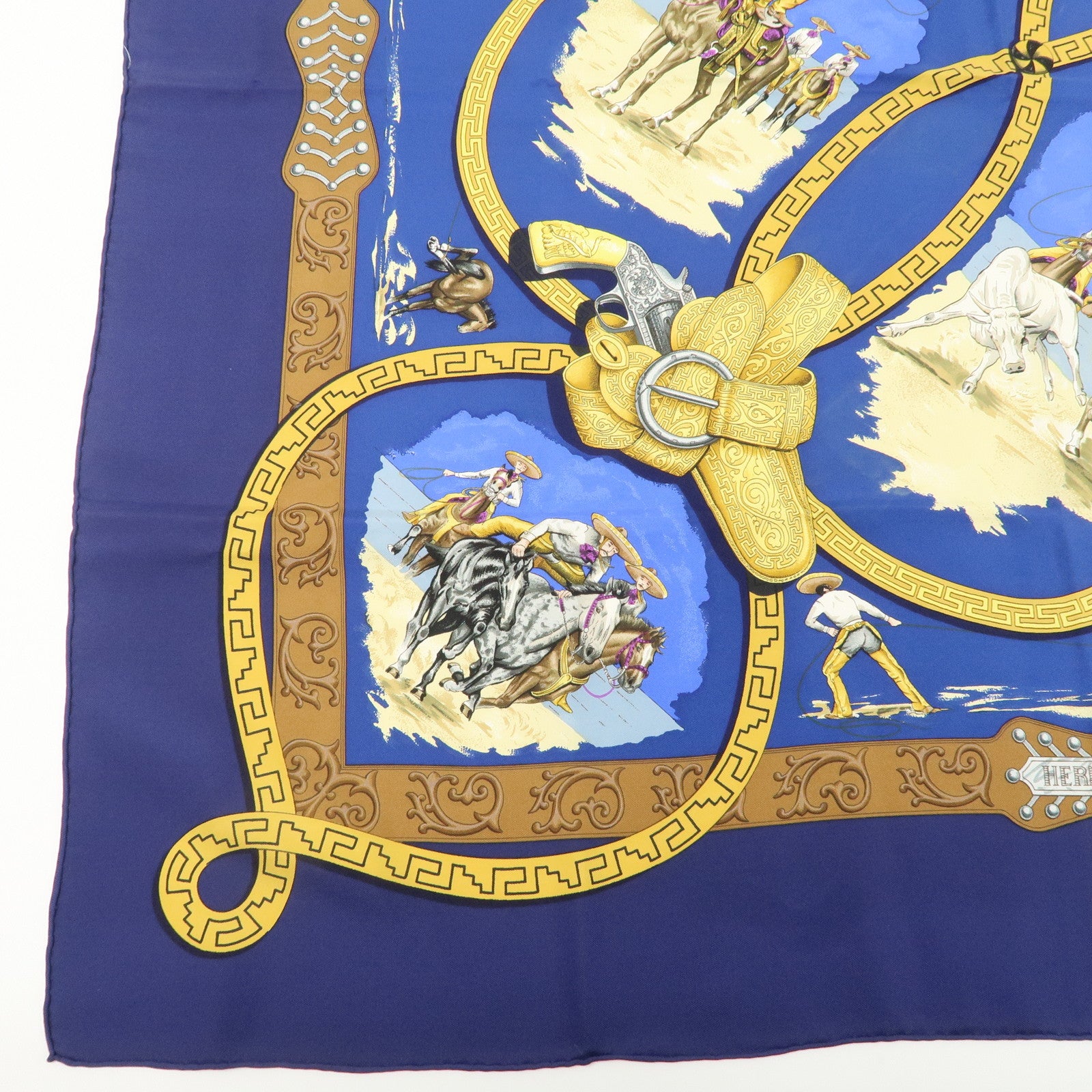 HERMES Carre 90 100% Silk Scarf Bandana CHARREADA Blue Brown Used