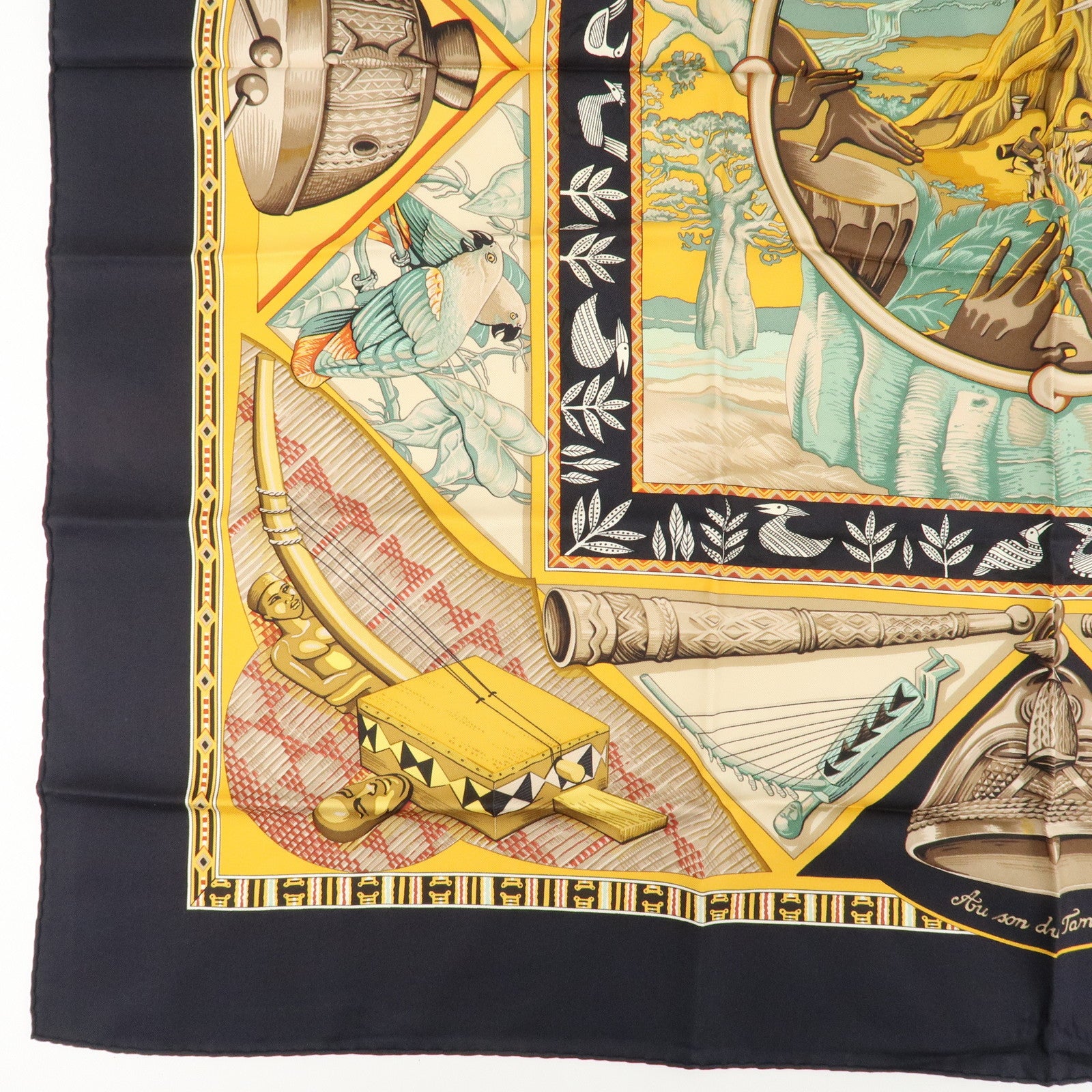 HERMES Silk 100% Carre 90 Scarf Au Son du Tam Tam Black Beige