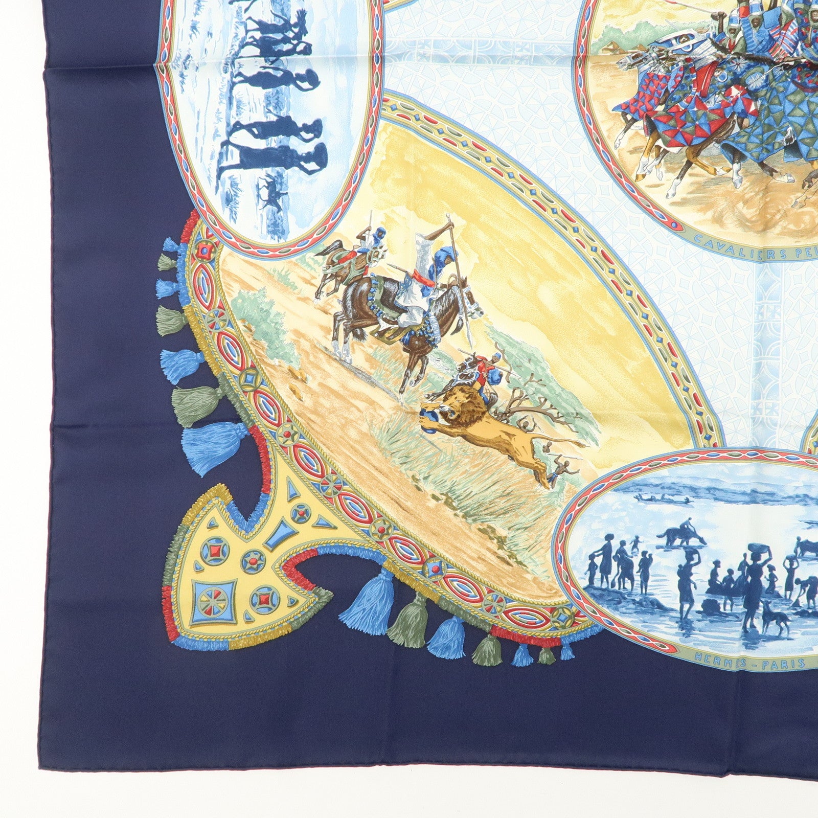 HERMES Carre 90 Silk 100% Scarf CAVALIERS PEULS Knight Print Used