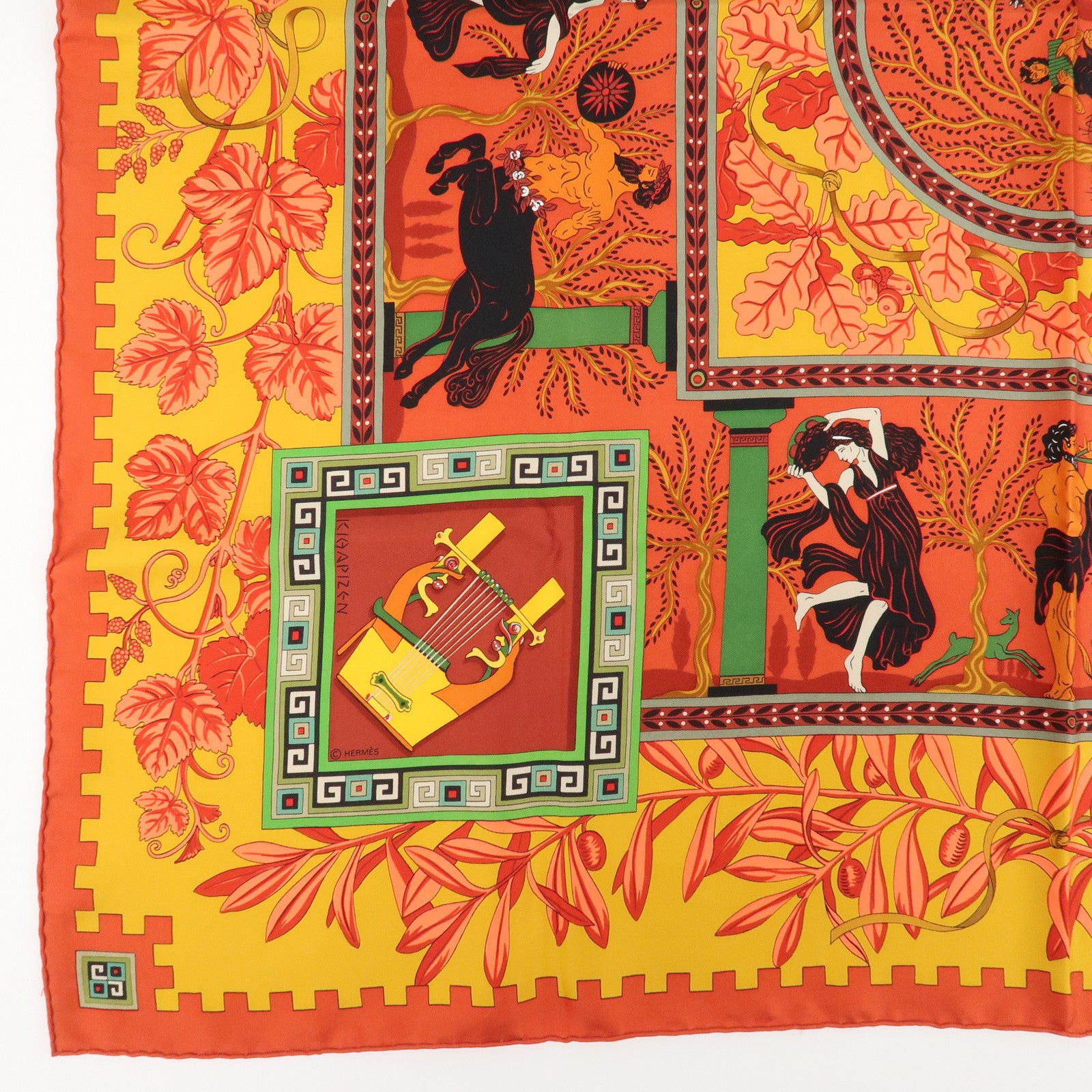 HERMES Carre 90 Silk 100% Scarf MUSIQUE DES DIEUX Red Orange Used