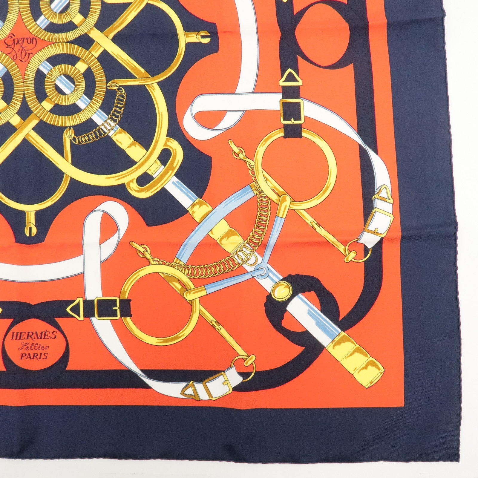 HERMES Carre 90 100% Silk Carre 90 Eperon d
or Red Navy Gold Used