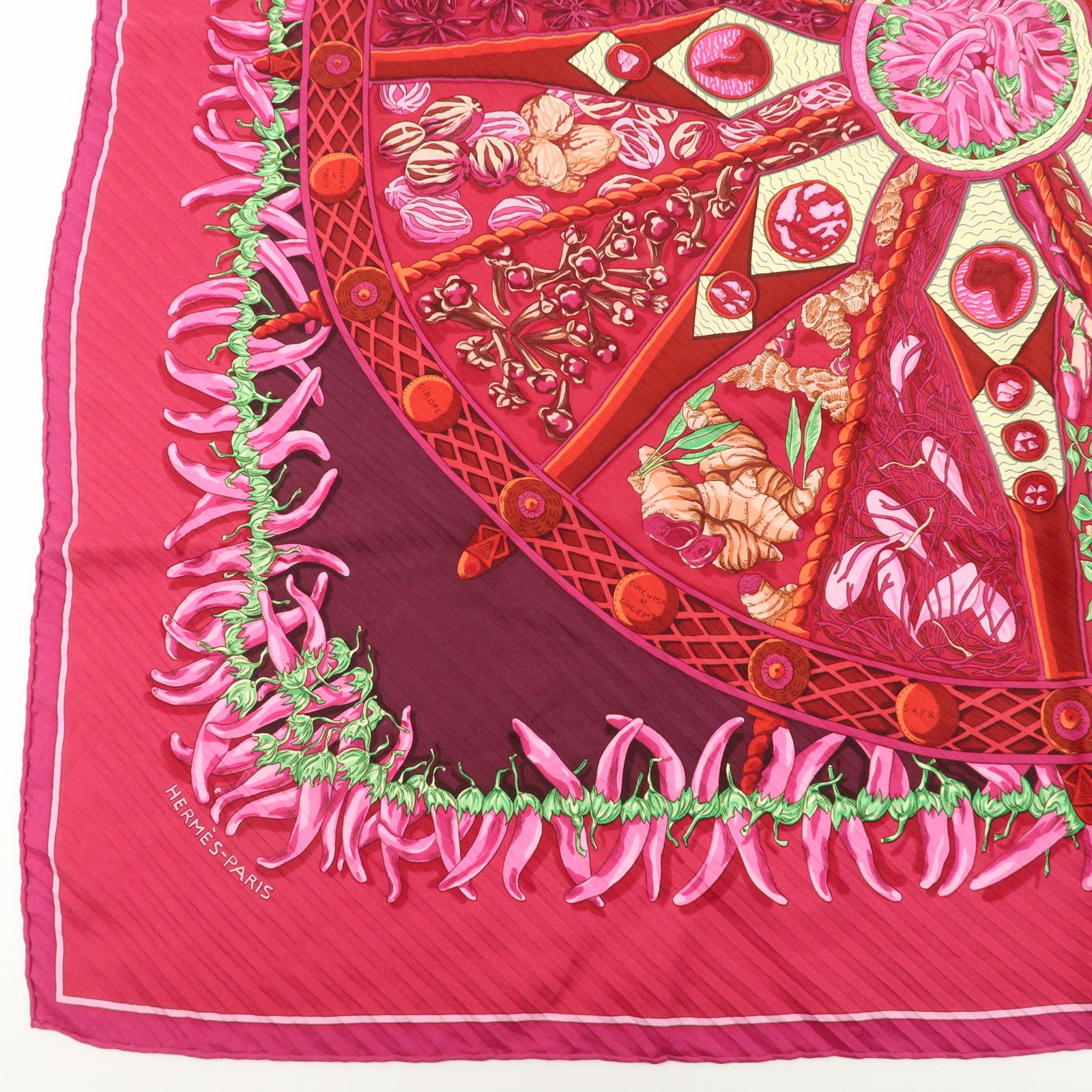 Authe HERMES Silk 100% Carre 90 AUX PAYS DES EPICES Spice Land Pink Red