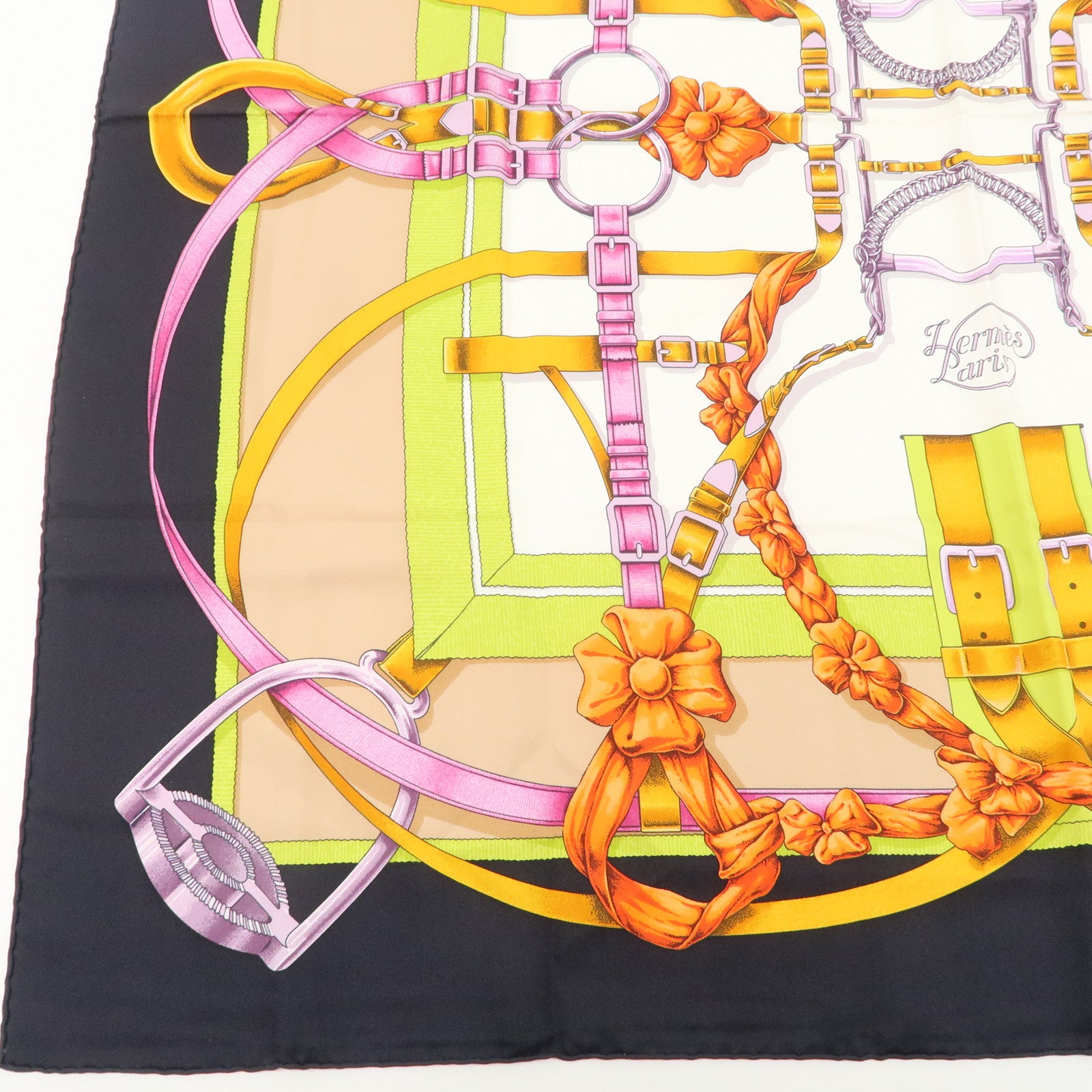 HERMES Carre 90 Silk 100% Scarf Crano Manege Black White Orange