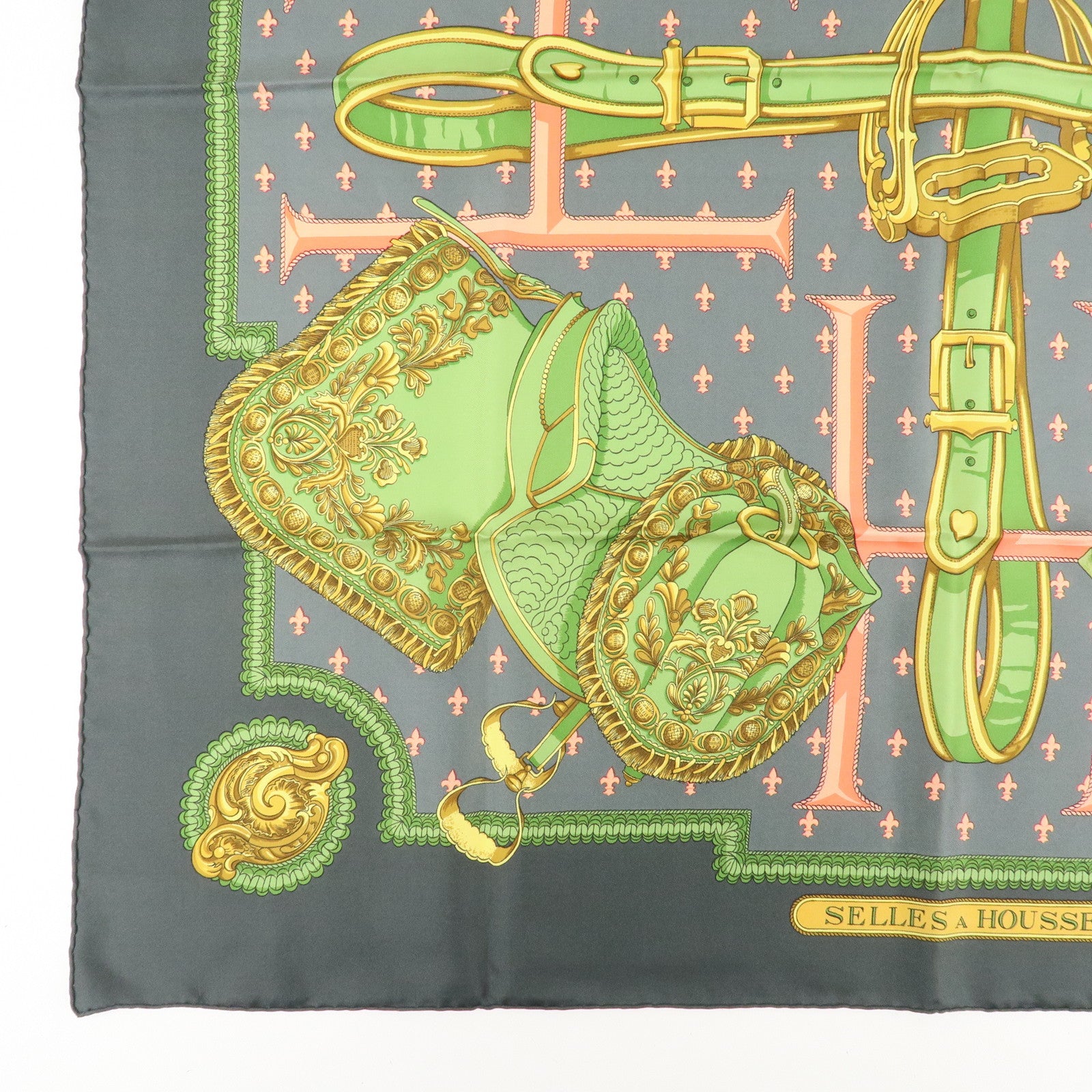 HERMES Carre 90 Silk 100% Scarf SELLES A HOUSSE Gray Green Pink Used