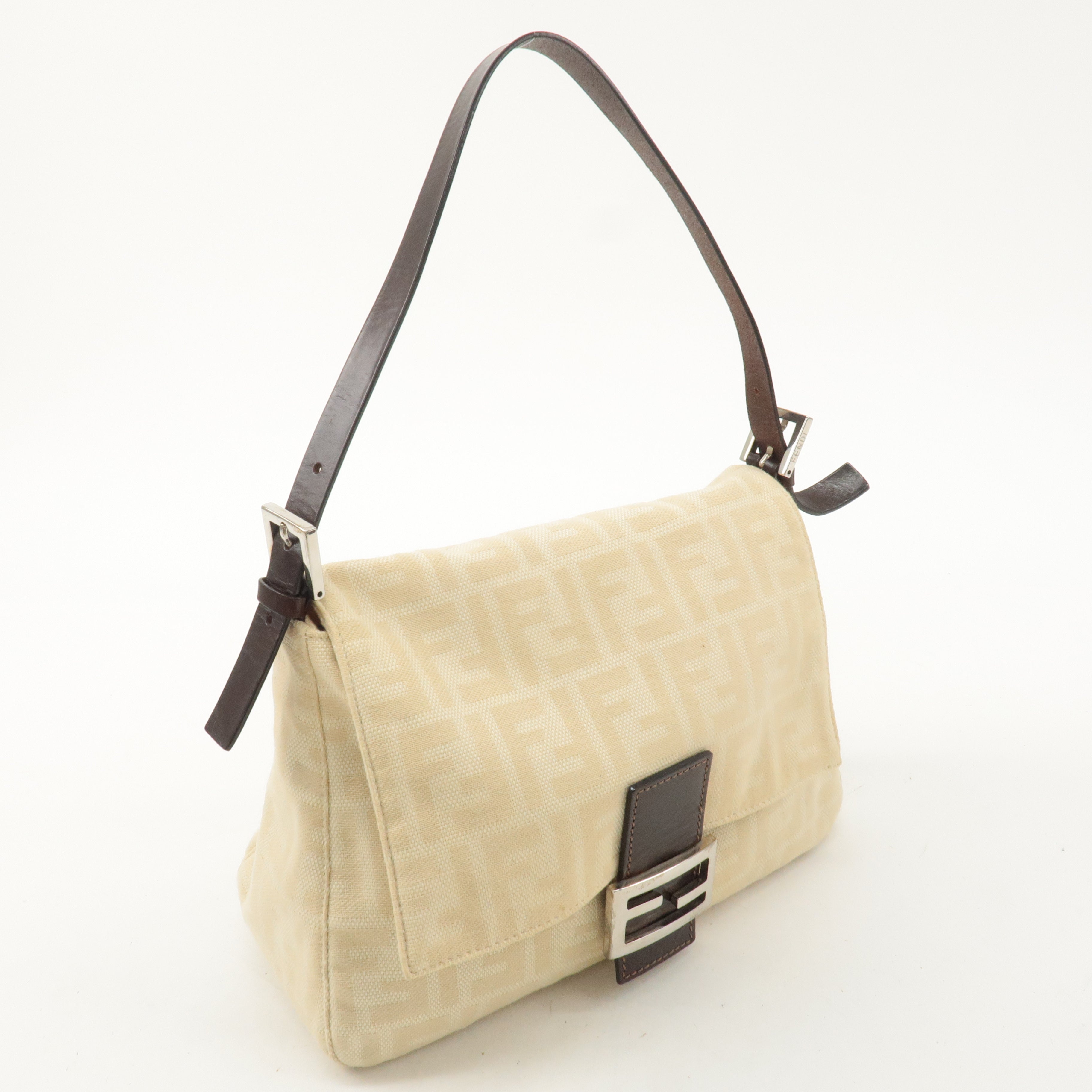 FENDI Zucca Mamma Baguette Canvas Leather Bag Beige 26325