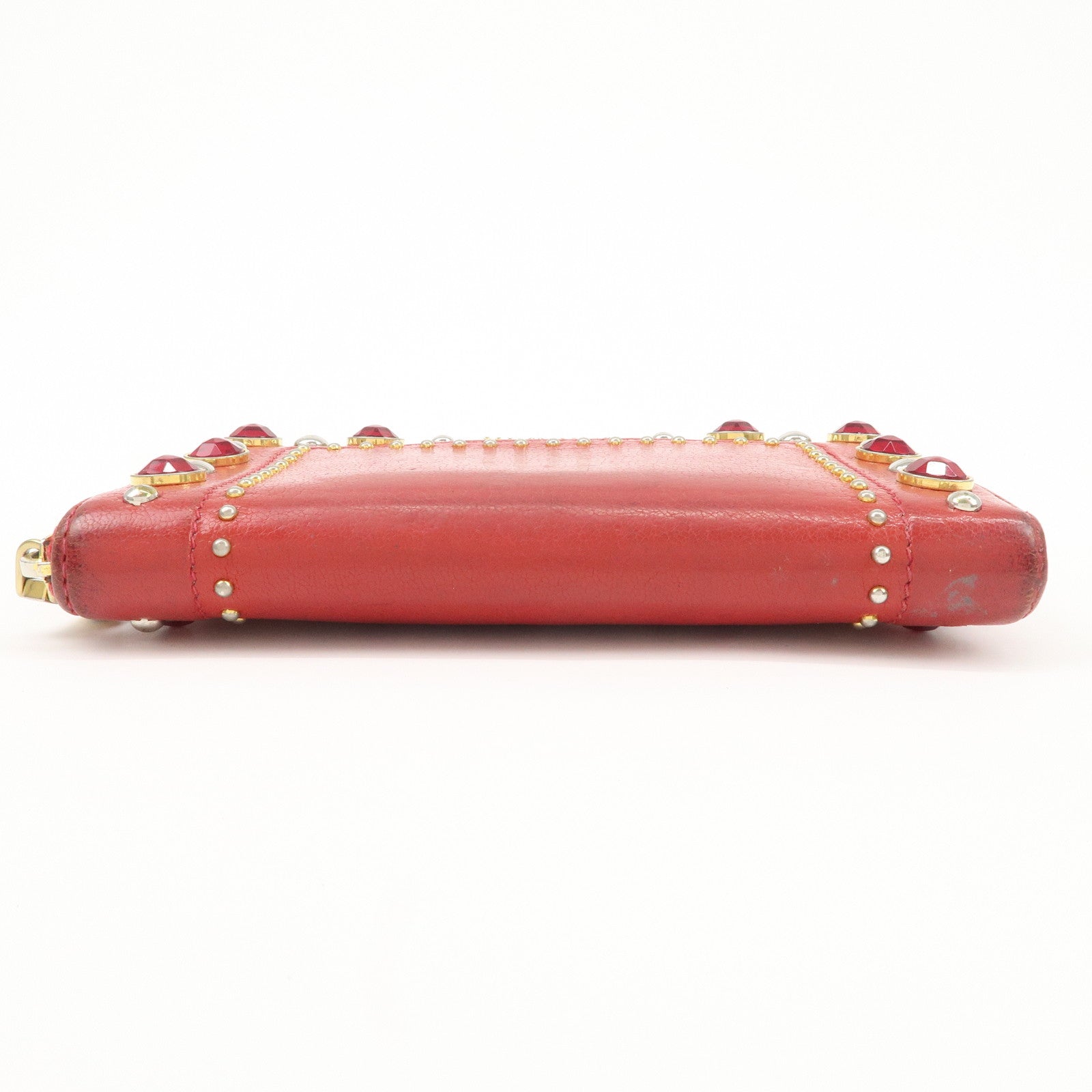 MIU MIU Leather Round Zipper Long Wallet Bijou Studs Red