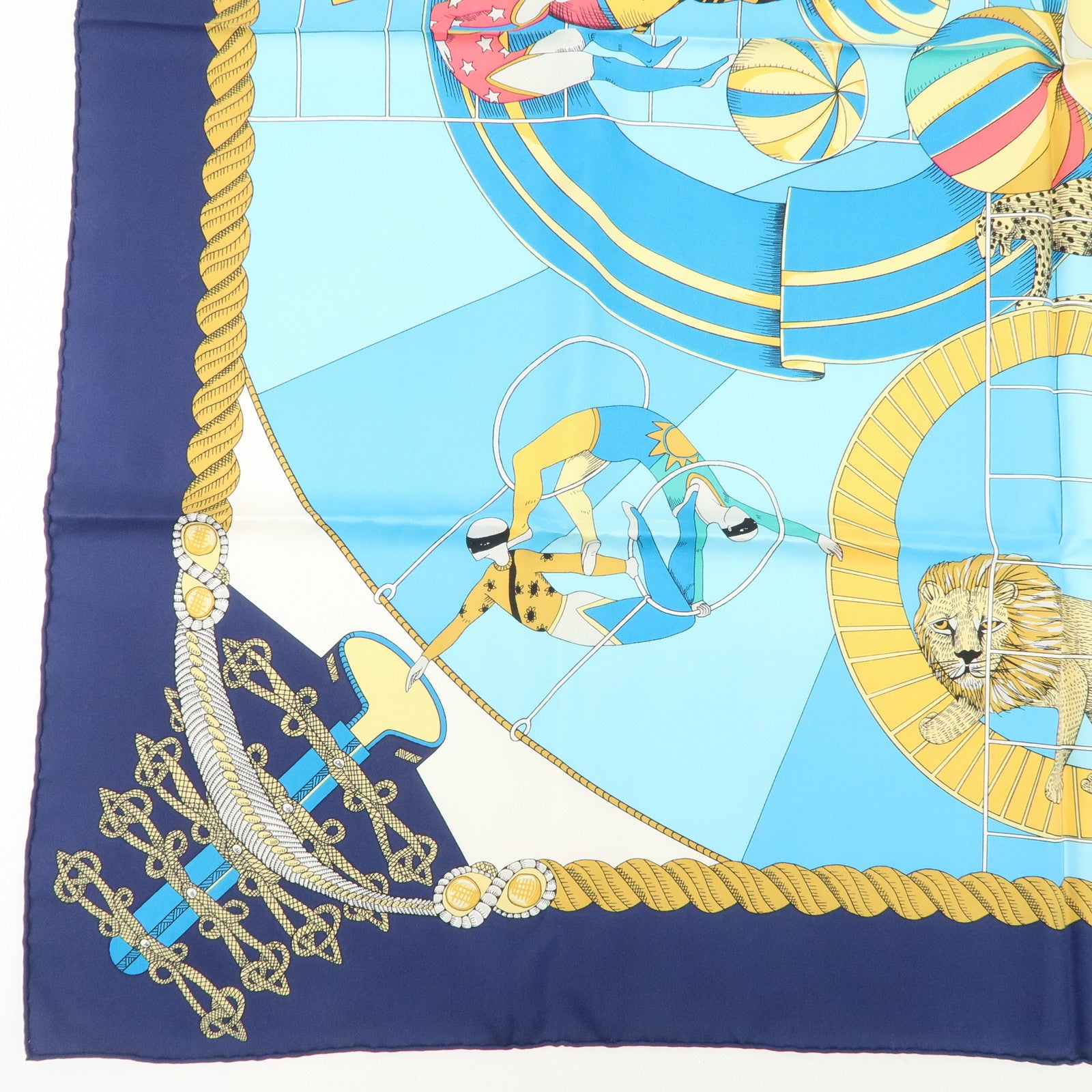 HERMES Carre 90 Silk 100%  Scarf Circus Blue Navy Gold Used