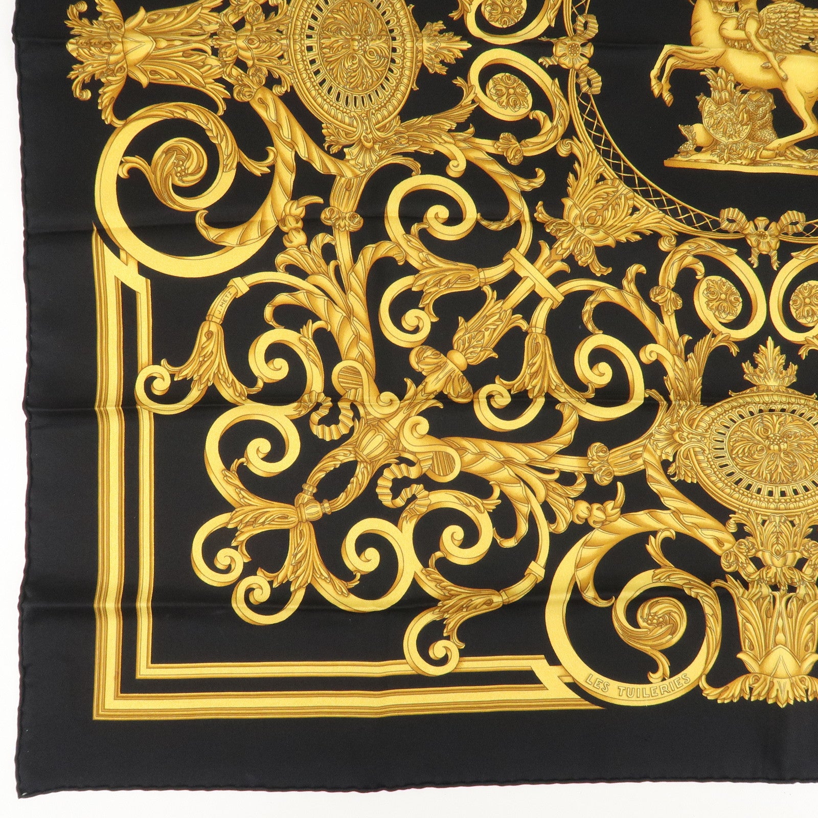 HERMES Silk 100% Carre 90 Scarf LES TUILERIES Black Gold Used