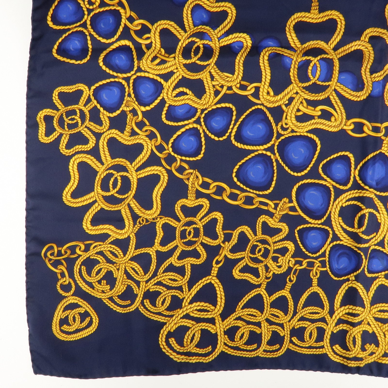 CHANEL Silk 100% Scarf Chain Pattern Navy Gold Blue Used