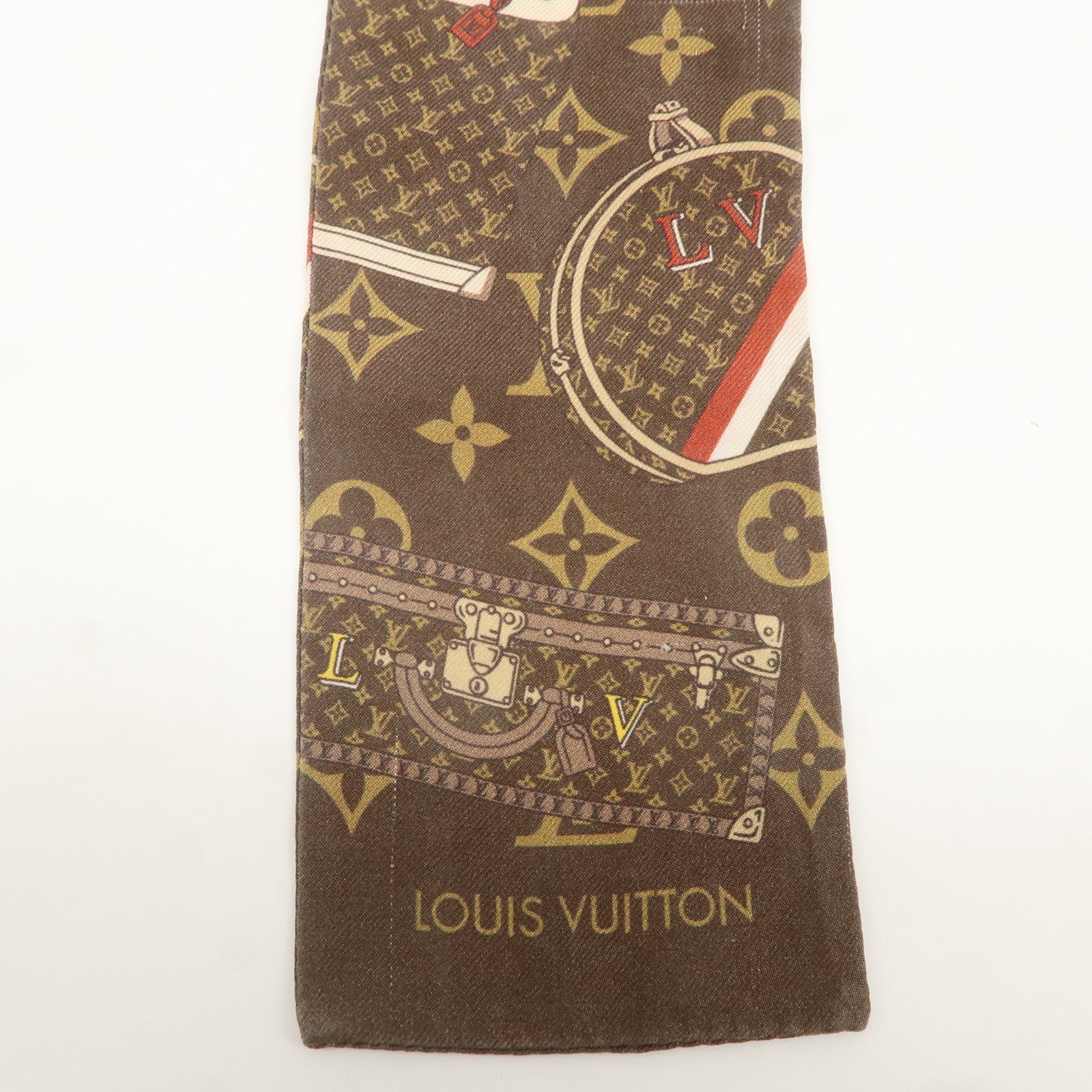 Louis Vuitton 100% Silk Bandeau Monogram Trunks Scarf Brown M72395