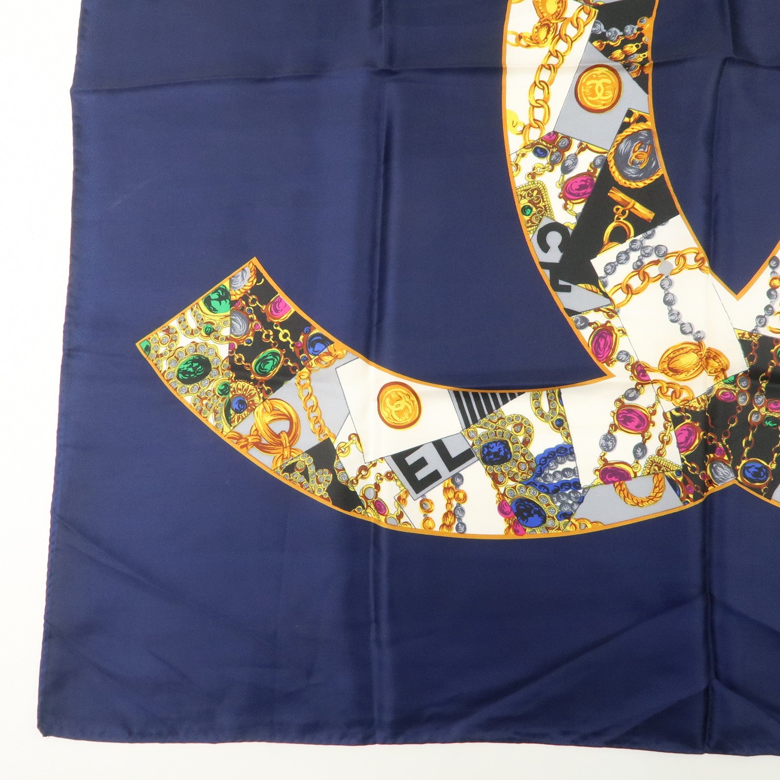 CHANEL COCO Mark Scarf Silk 100 % Navy Blue Gold Used