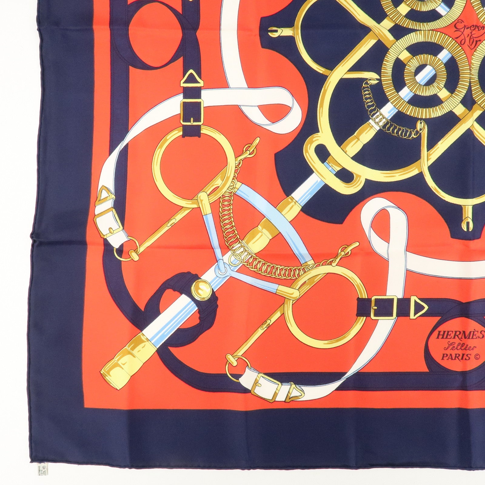 HERMES Carre 90 100% Silk Scarf Eperon d
or Red Navy Gold Used