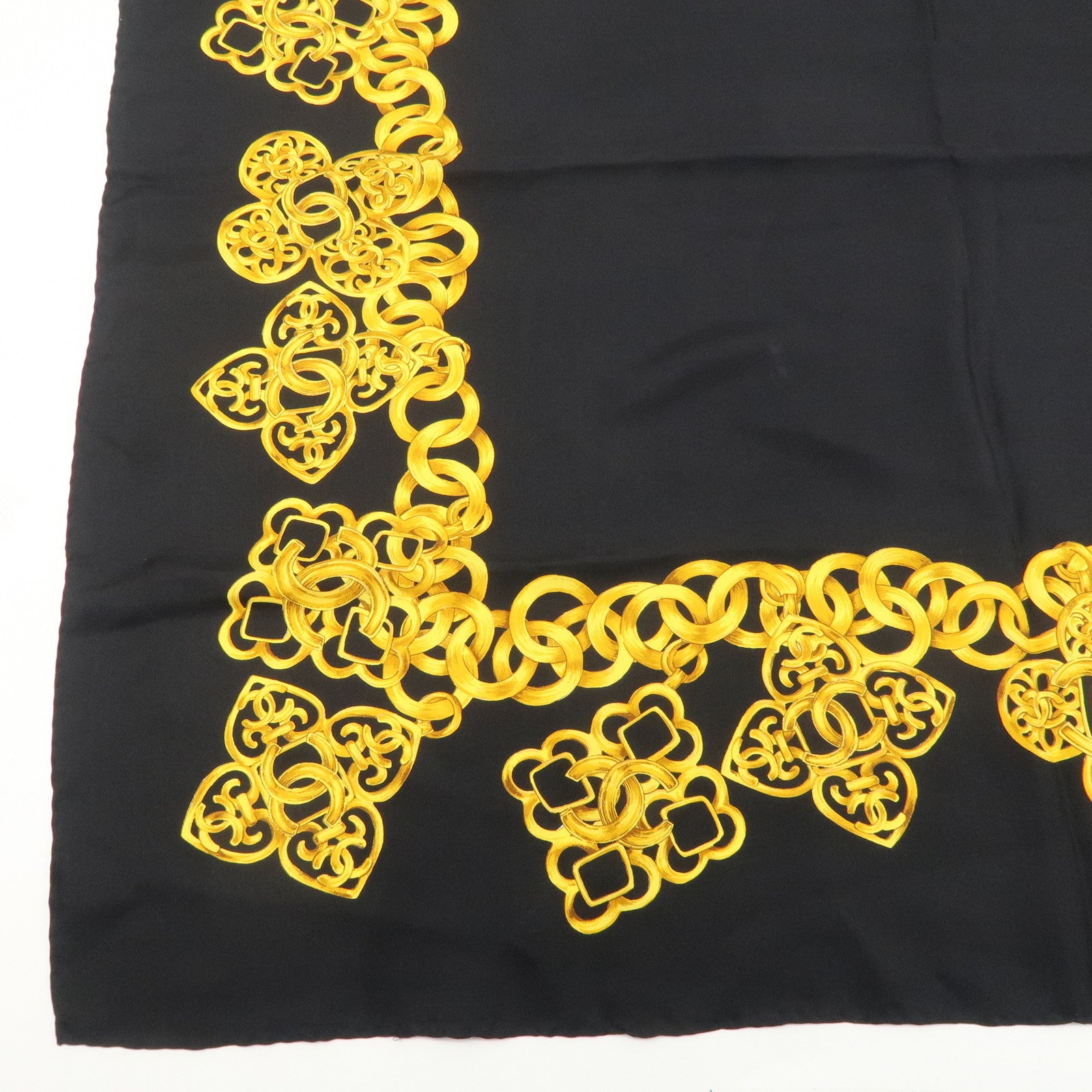 CHANEL Silk 100% Scarf 90×90 Black Gold Used