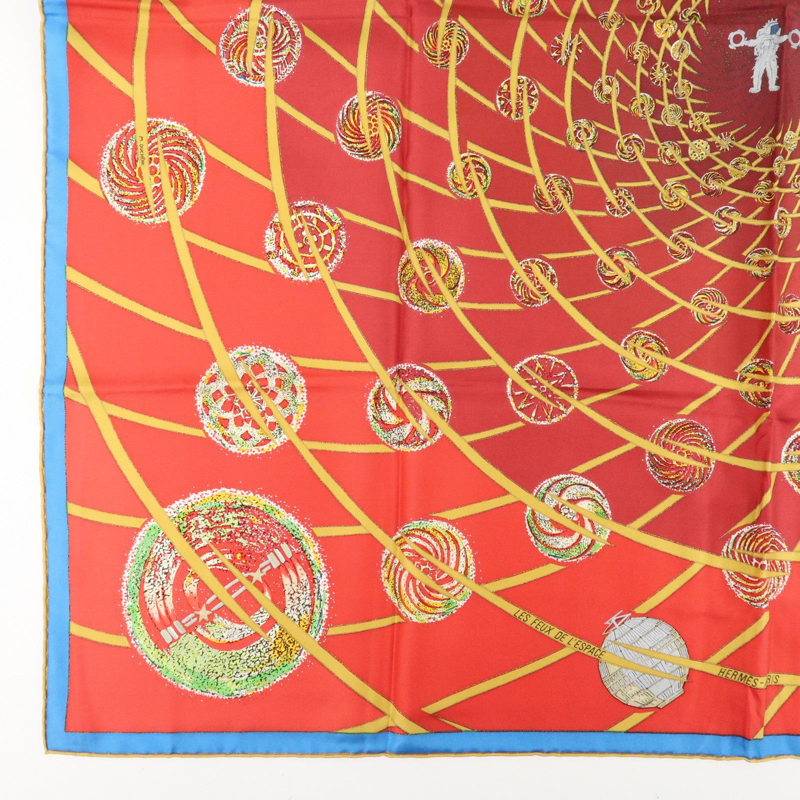 HERMES Carre 90 Silk 100% Scarf LES FEUX DE LESPACE Red Gold Blue Used