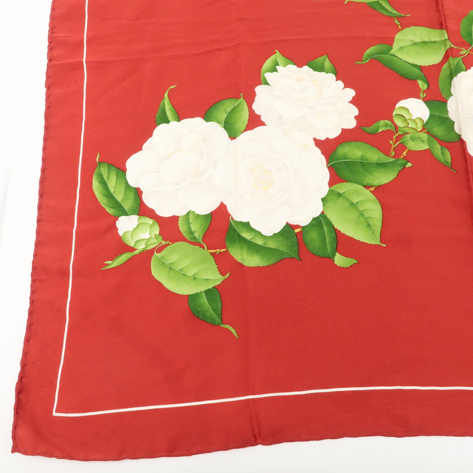 CHANEL Scarf Silk 100% Camelia 90×90 Red Used